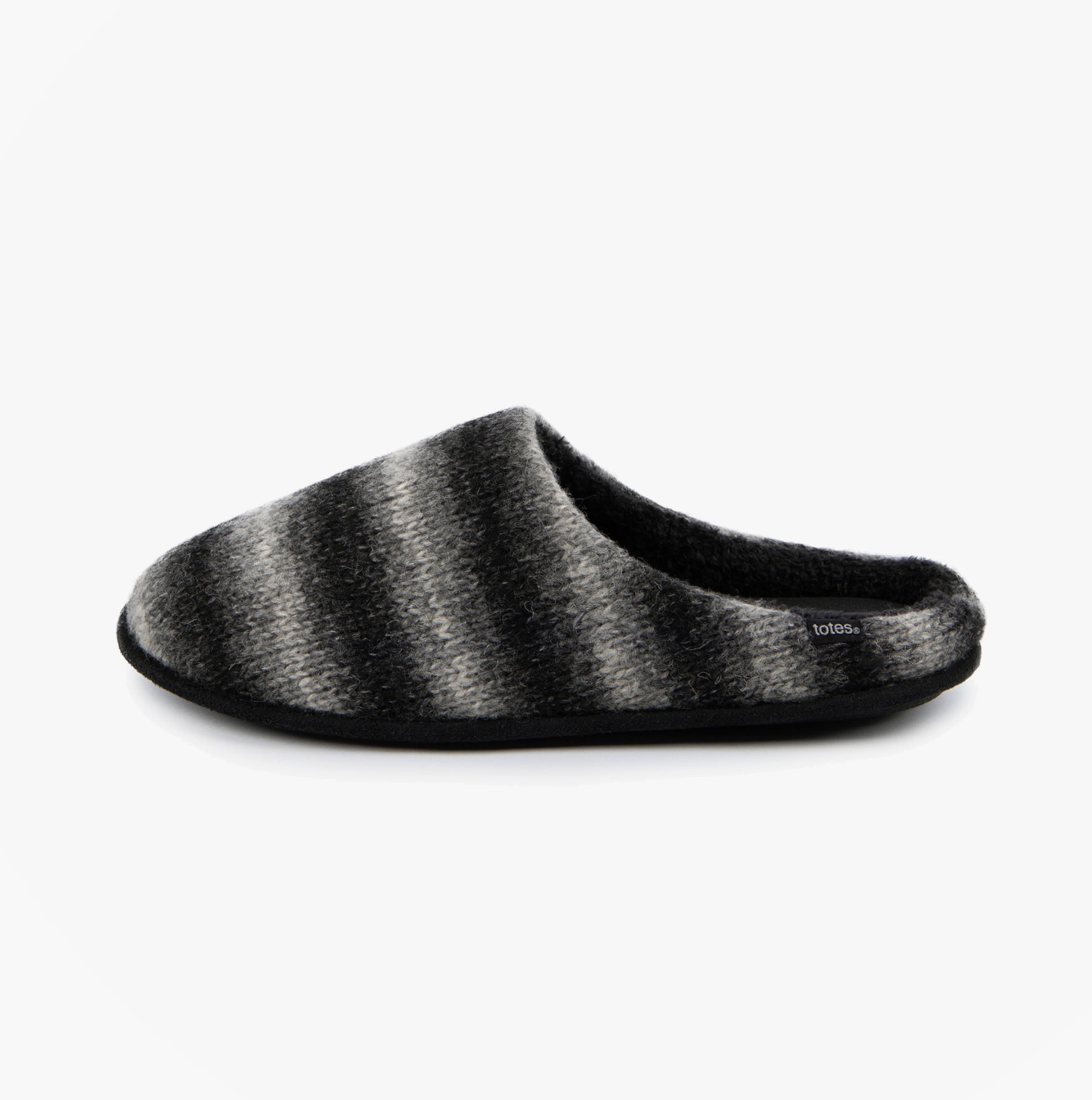 Totes Toasties KNITTED OMBRE Mule Slippers Mens Grey side view showing a cozy knitted design in grey and black ombre