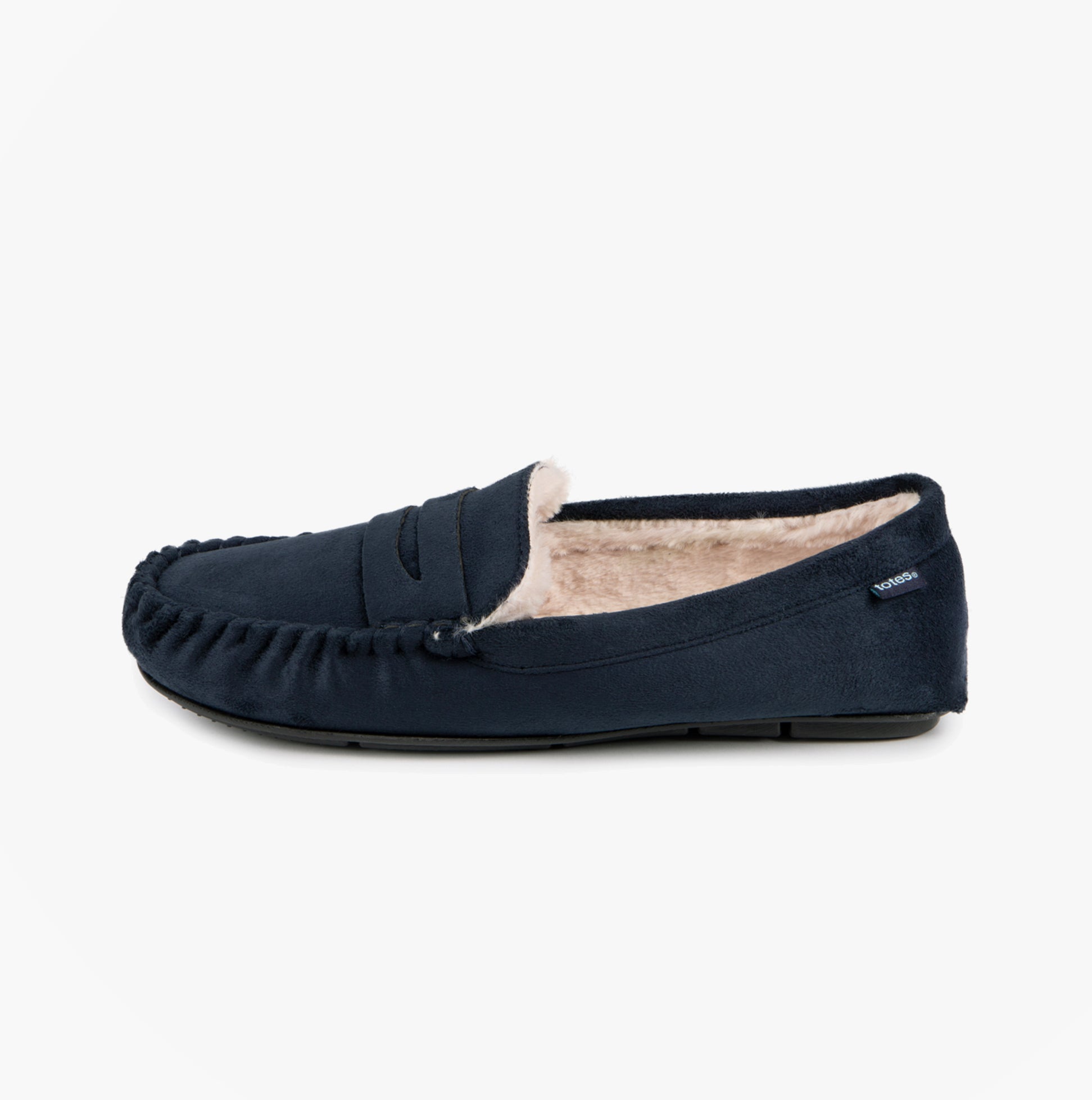 Totes Toasties SUEDETTE Moccasin Slippers Mens Navy side view showcasing faux fur lining and classic style.