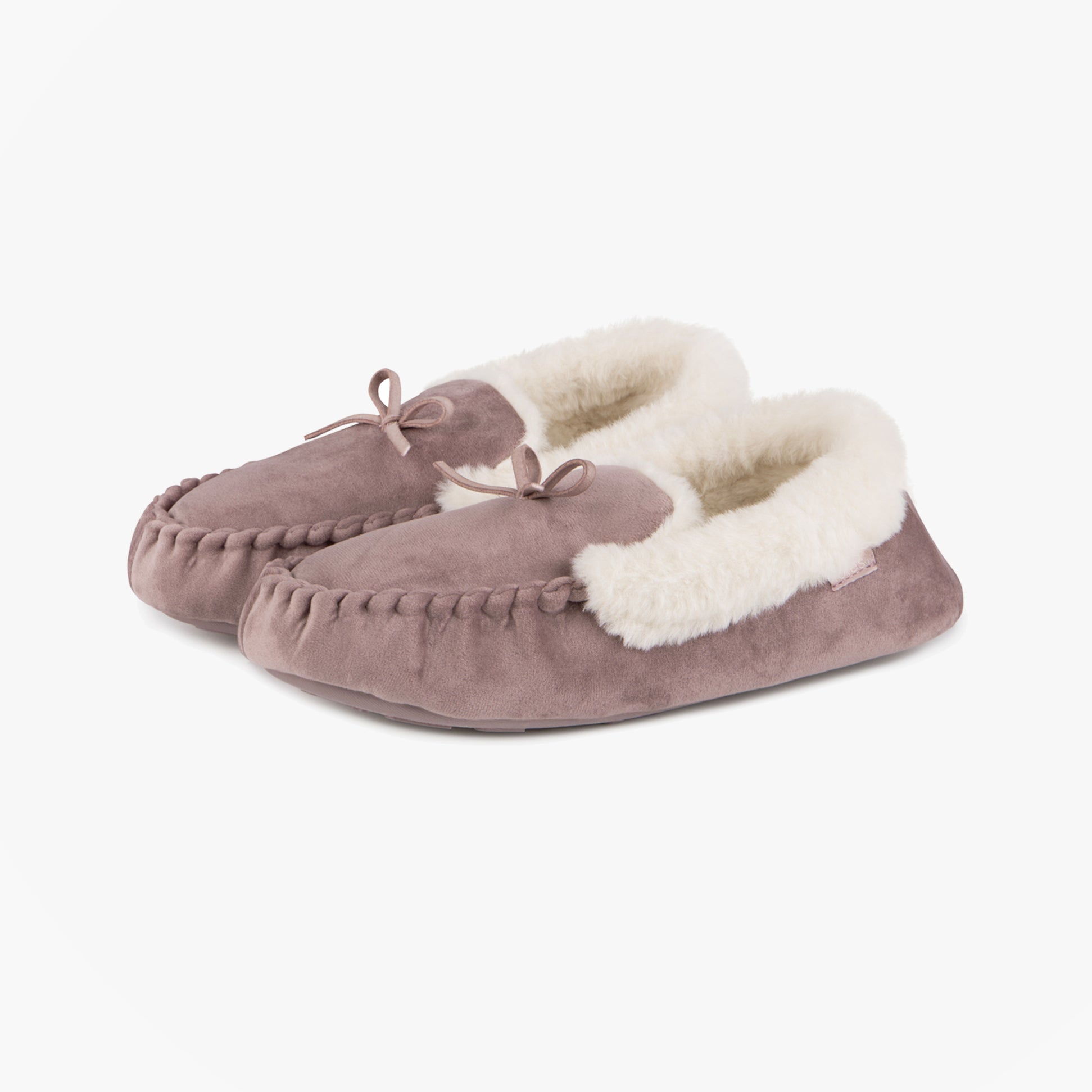 Totes Toasties VELOUR MOCCASIN Slippers Womens Mink side view showing soft fur lining and elegant design.