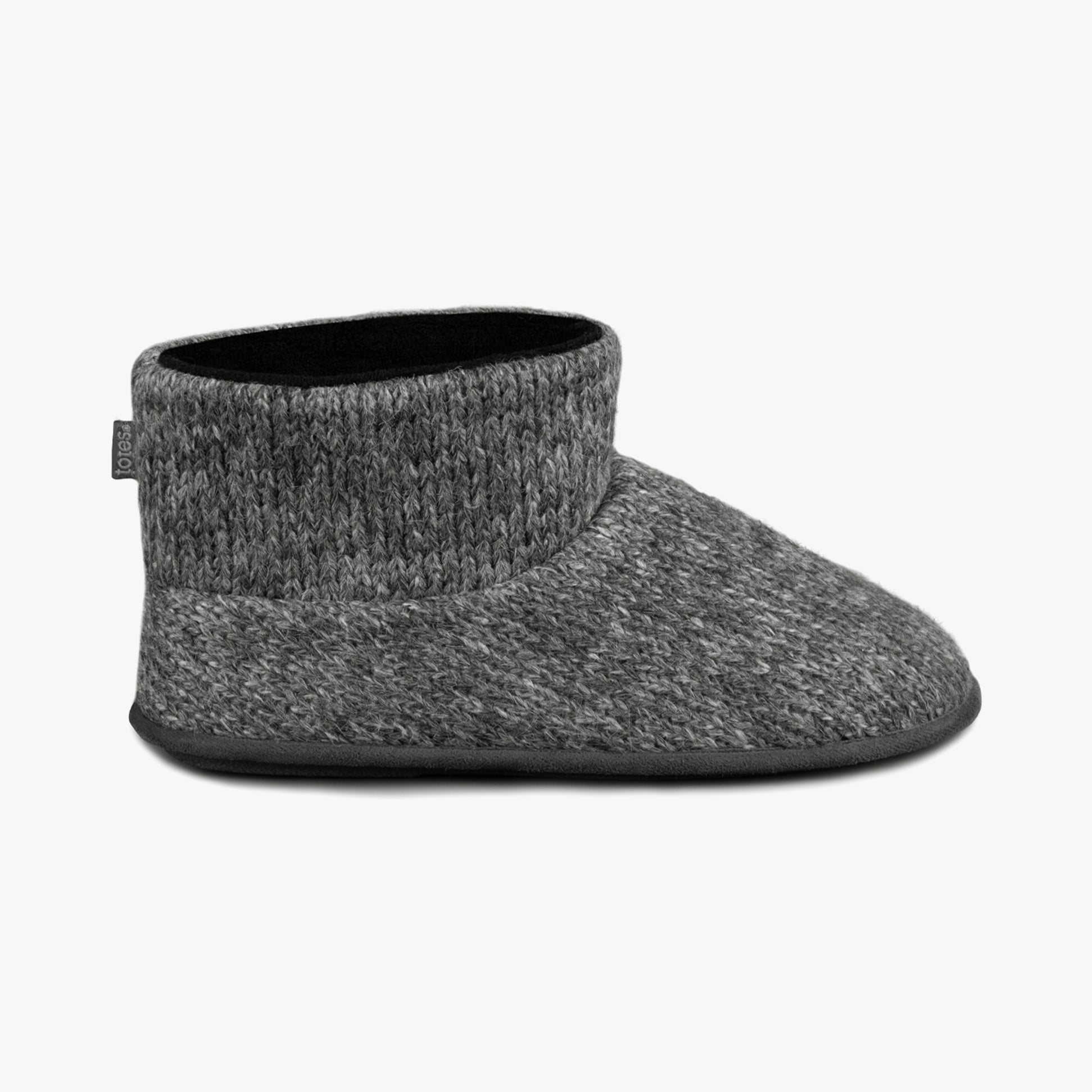 Totes Toasties KNITTED SHORT BOOT SLIPPER Mens Grey side view showing textured upper and soft lining.