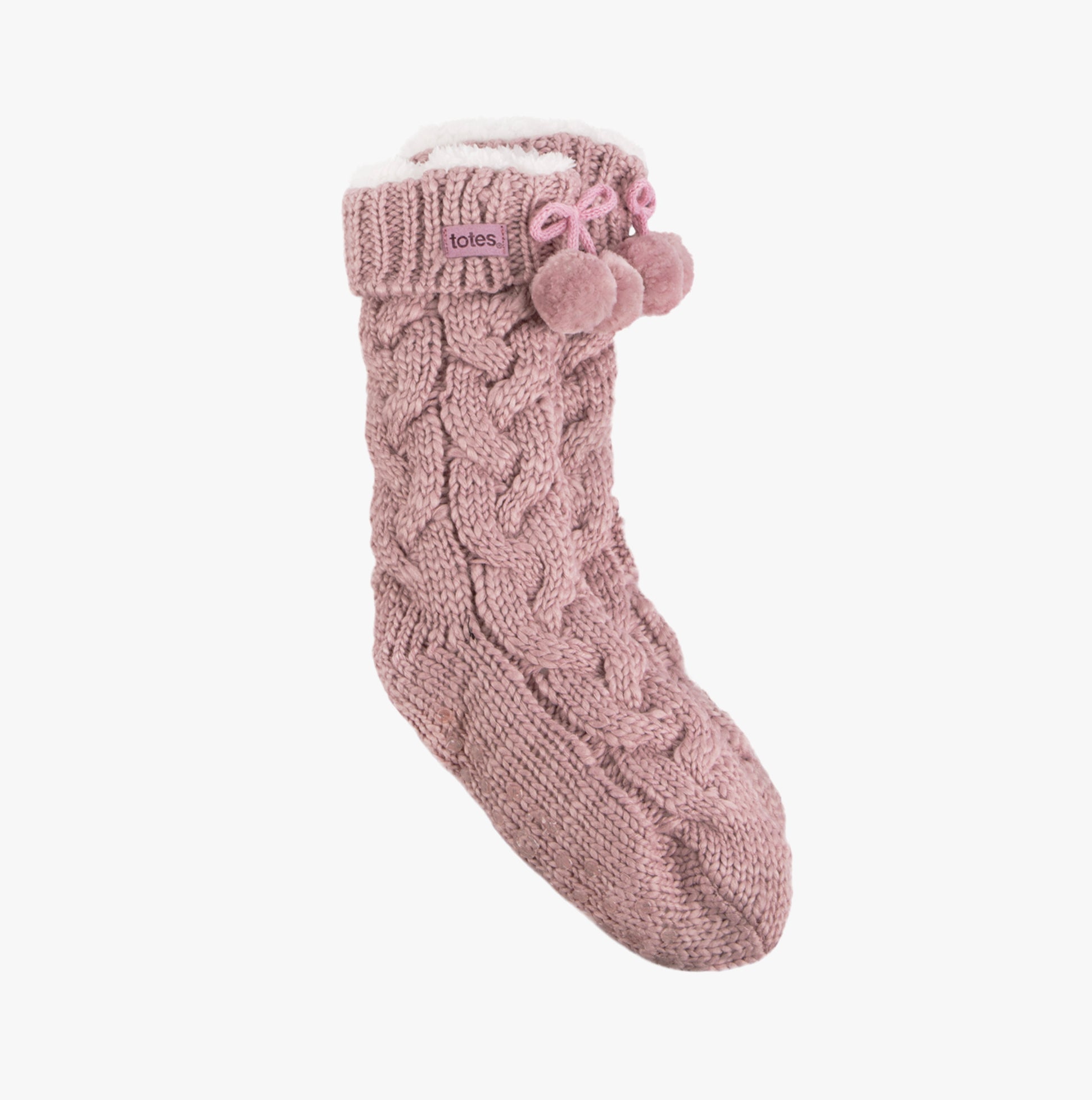 Totes Toasties LUXURY CHUNKY KNIT Pom Slipper-Sox Womens Dusky Pink side view with textured knit and pom poms.