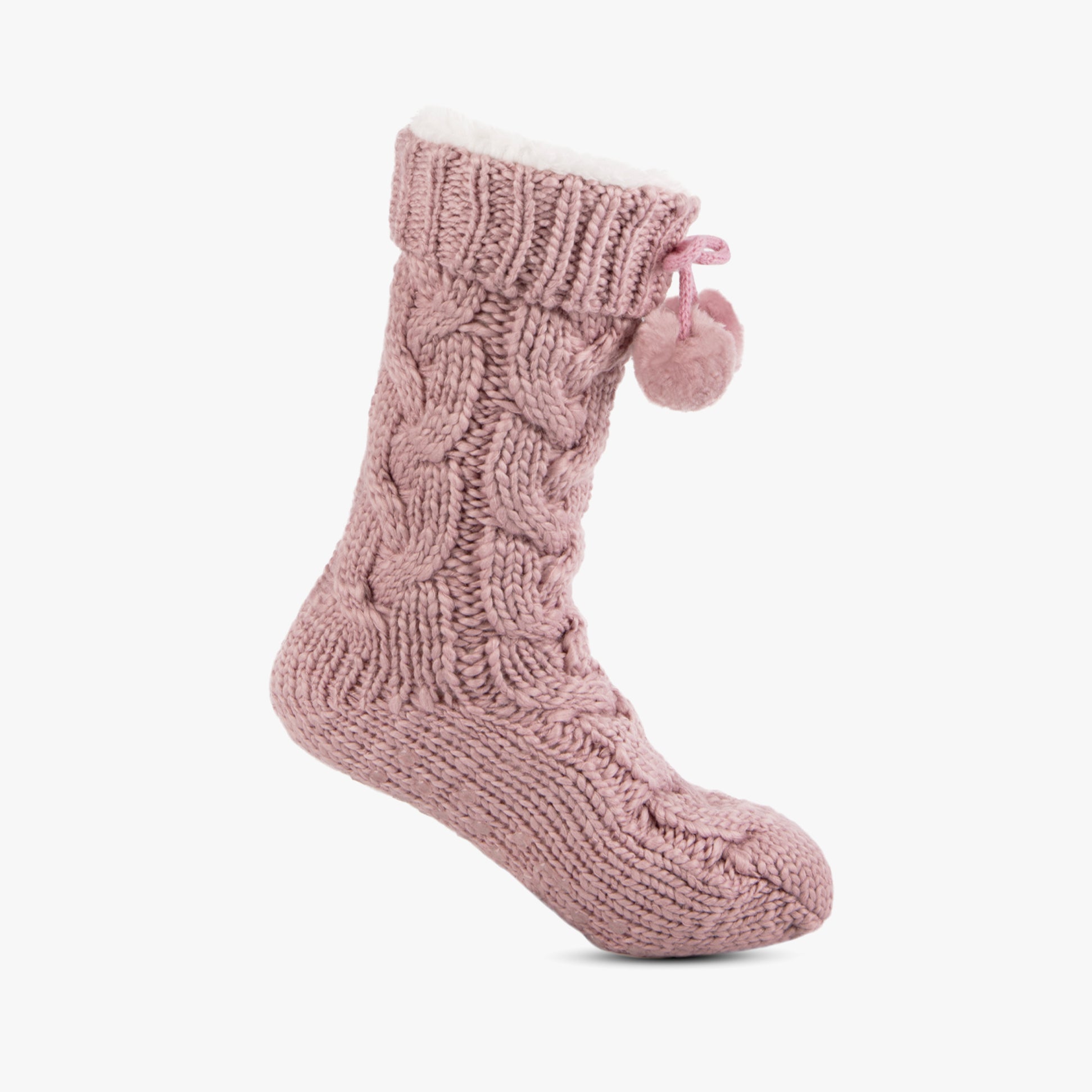 Totes Toasties LUXURY CHUNKY KNIT Pom Slipper-Sox Womens Dusky Pink side view showcasing the chunky cable knit design and pom detail.