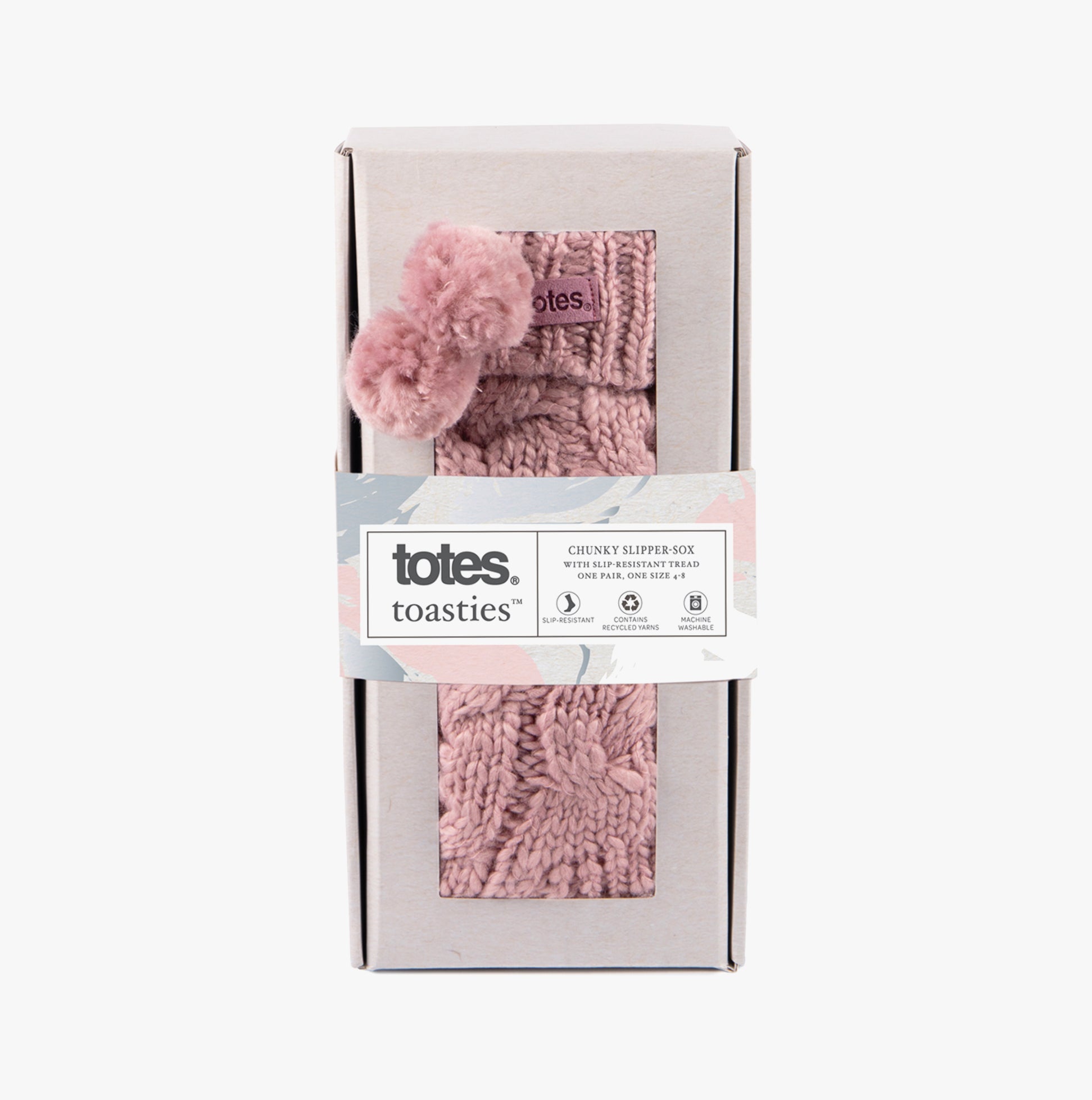 Totes Toasties LUXURY CHUNKY KNIT Pom Slipper-Sox Womens Dusky Pink in gift box, side view showcasing design and color.