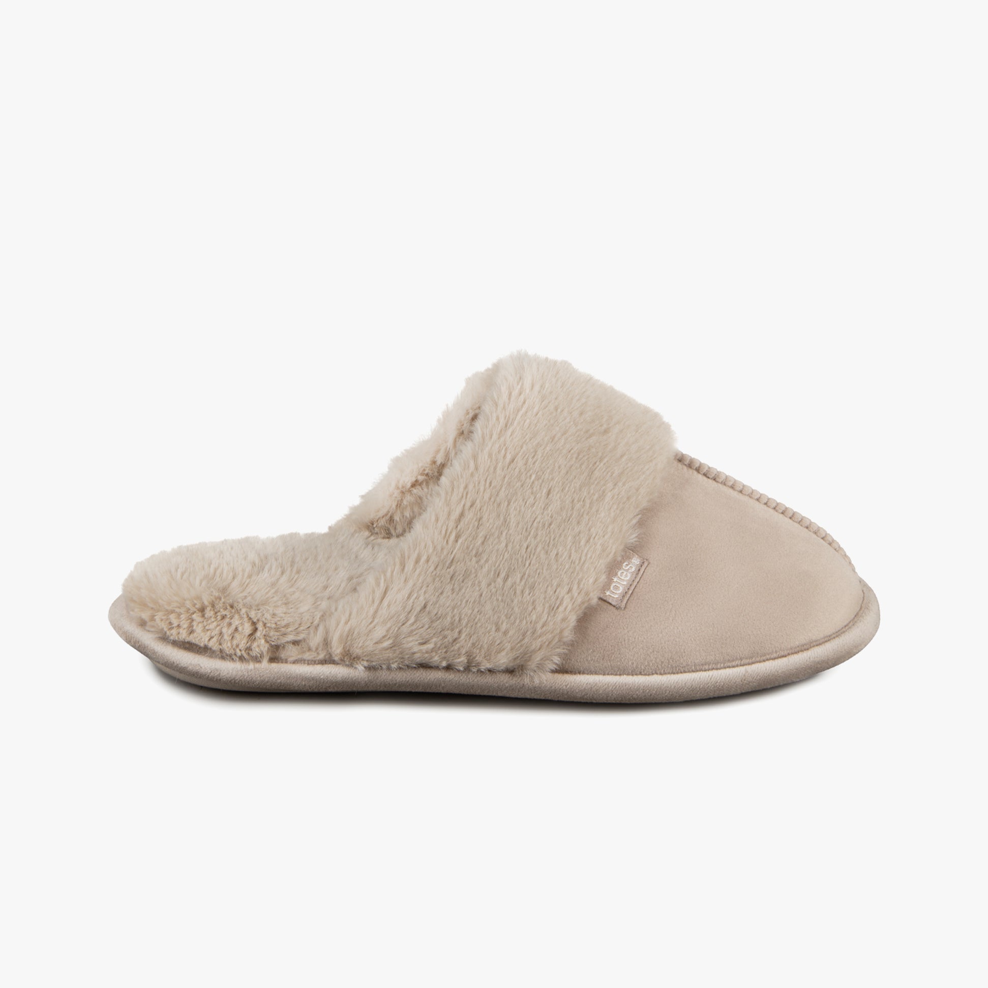 Totes Toasties VELOUR MULE Slippers Womens Taupe side view showing soft faux fur lining and slip-on design.