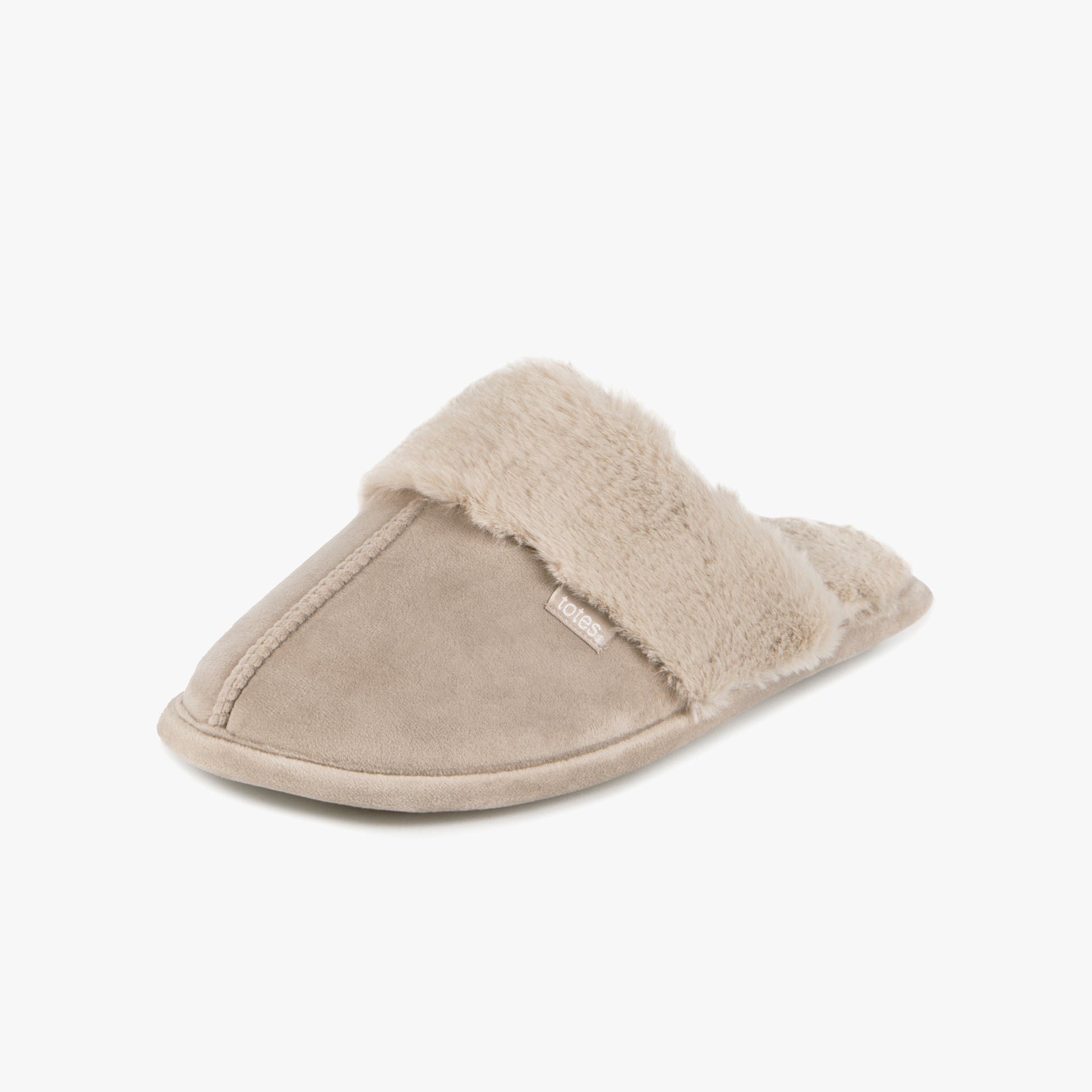 Totes Toasties VELOUR MULE Slippers Womens Taupe side view showing soft faux fur lining and comfortable slip-on design.