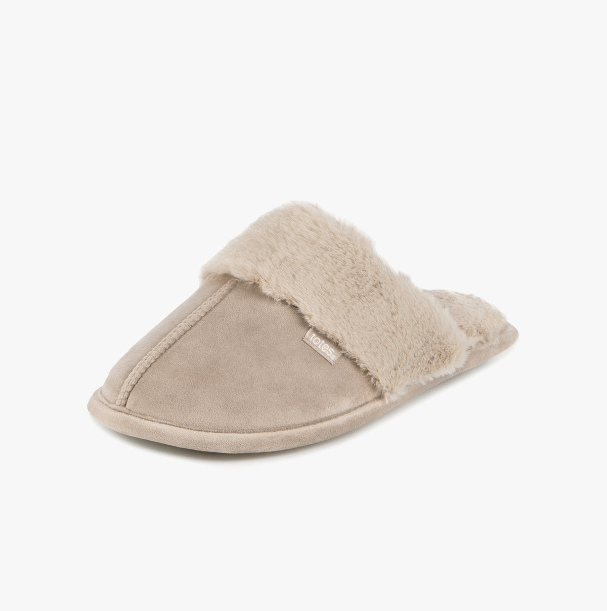 Totes Toasties VELOUR MULE Slippers Womens Taupe side view showing soft faux fur lining and comfortable slip-on design.
