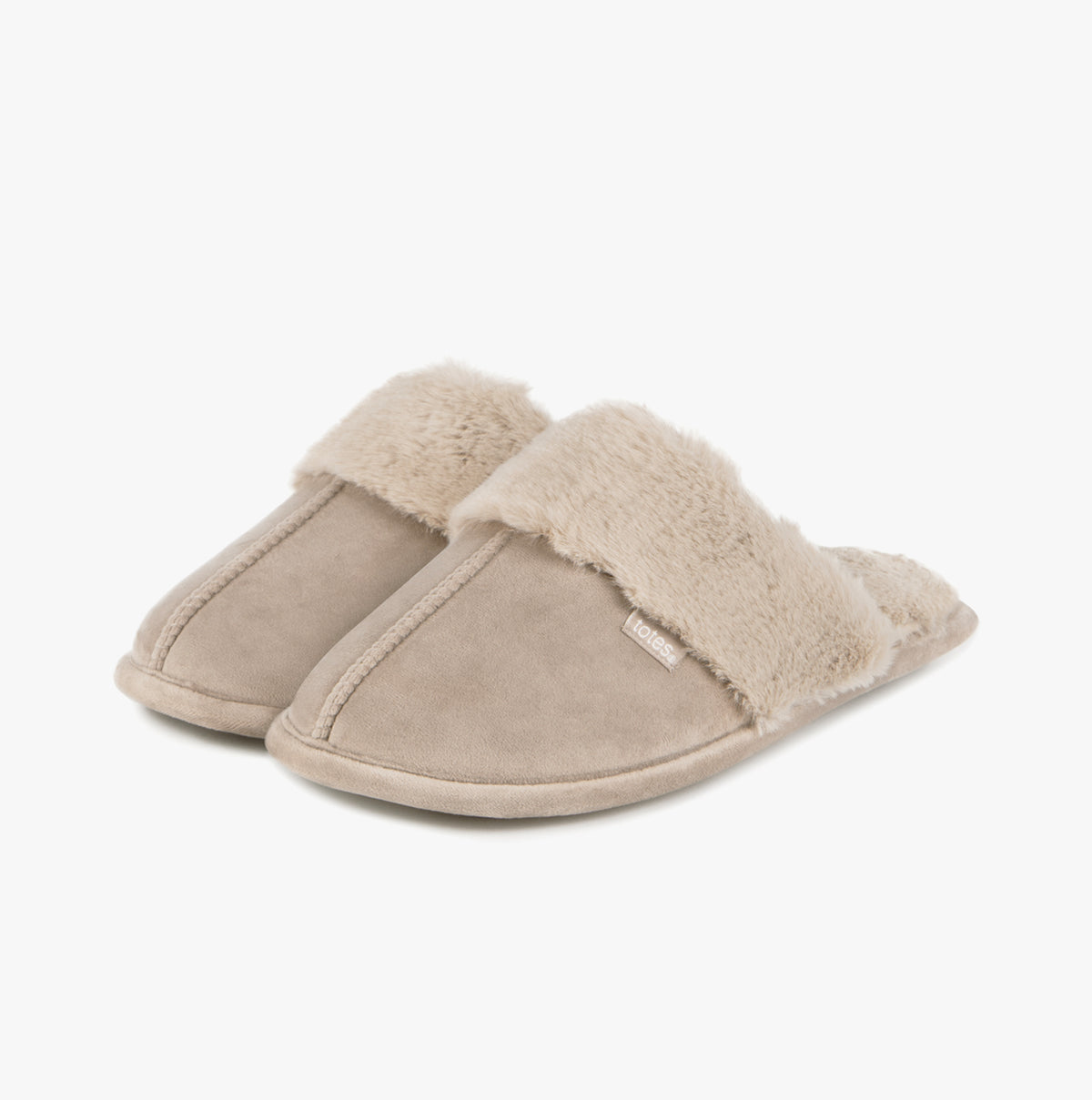 Totes Toasties VELOUR MULE Slippers Womens Taupe side view showcasing stylish faux fur lining and soft polyester upper.