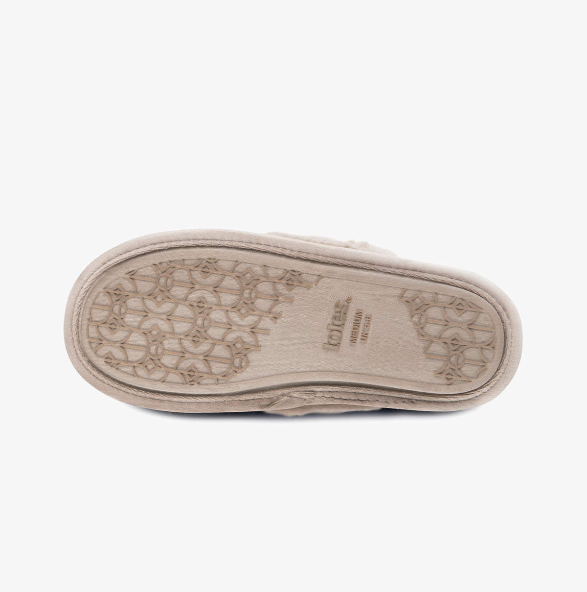 Totes Toasties VELOUR MULE Slippers Womens Taupe bottom view of slipper sole, showcasing texture and design.
