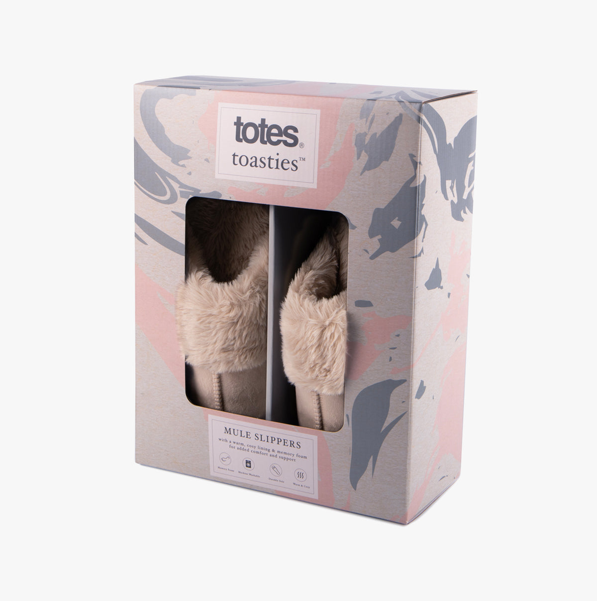 Totes Toasties VELOUR MULE Slippers Womens Taupe in gift box, front view showcasing slippers with faux fur lining.