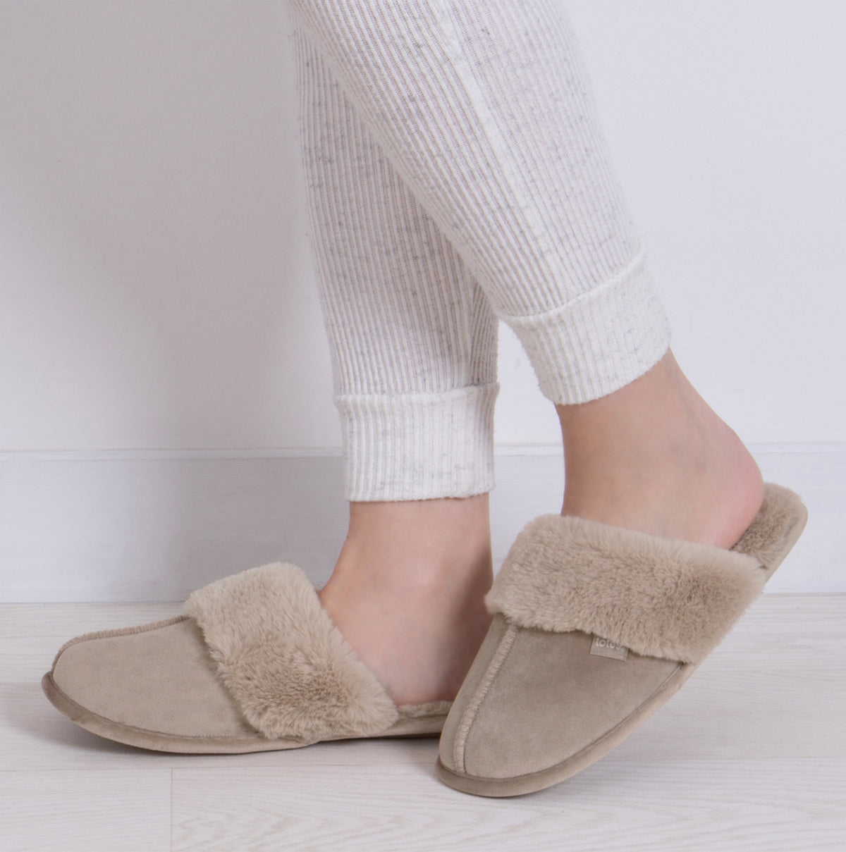 Totes Toasties VELOUR MULE Slippers Womens Taupe side view showing soft faux fur lining and slip-on design.