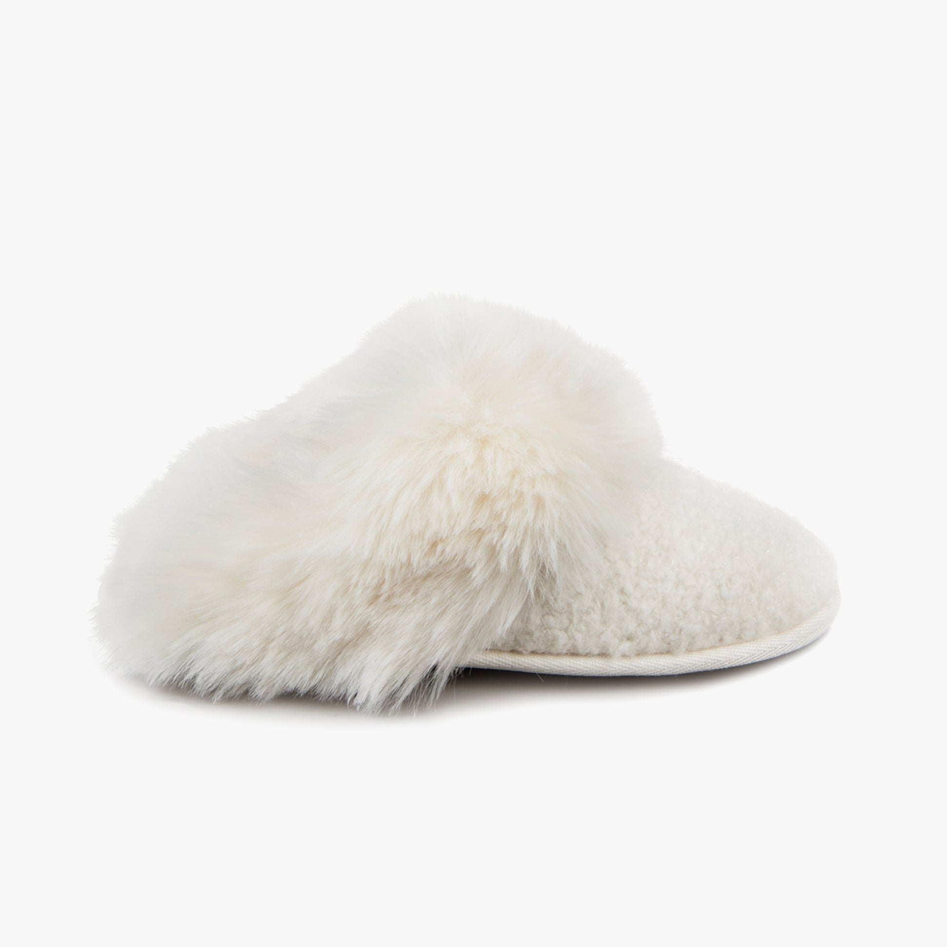 Totes Toasties TEXTURED SPARKLE FAUX FUR MULE Slippers Womens Cream side view showing fluffy faux fur upper and soft sole.