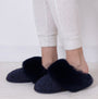 Totes Toasties TEXTURED SPARKLE FAUX FUR MULE Slippers Womens Navy side view with cozy faux fur detail and stylish texture.