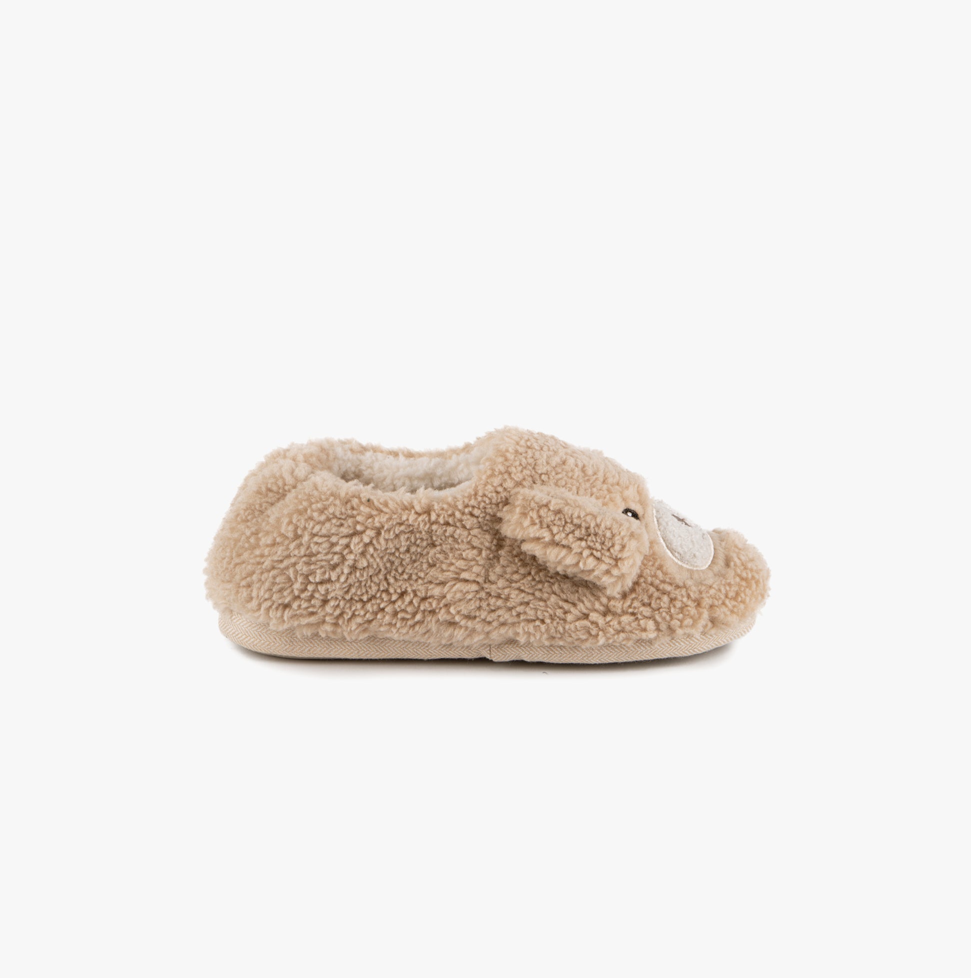 Totes Toasties NOVELTY BORG Slippers Womens Dog side view featuring soft beige plush material and cute dog design.
