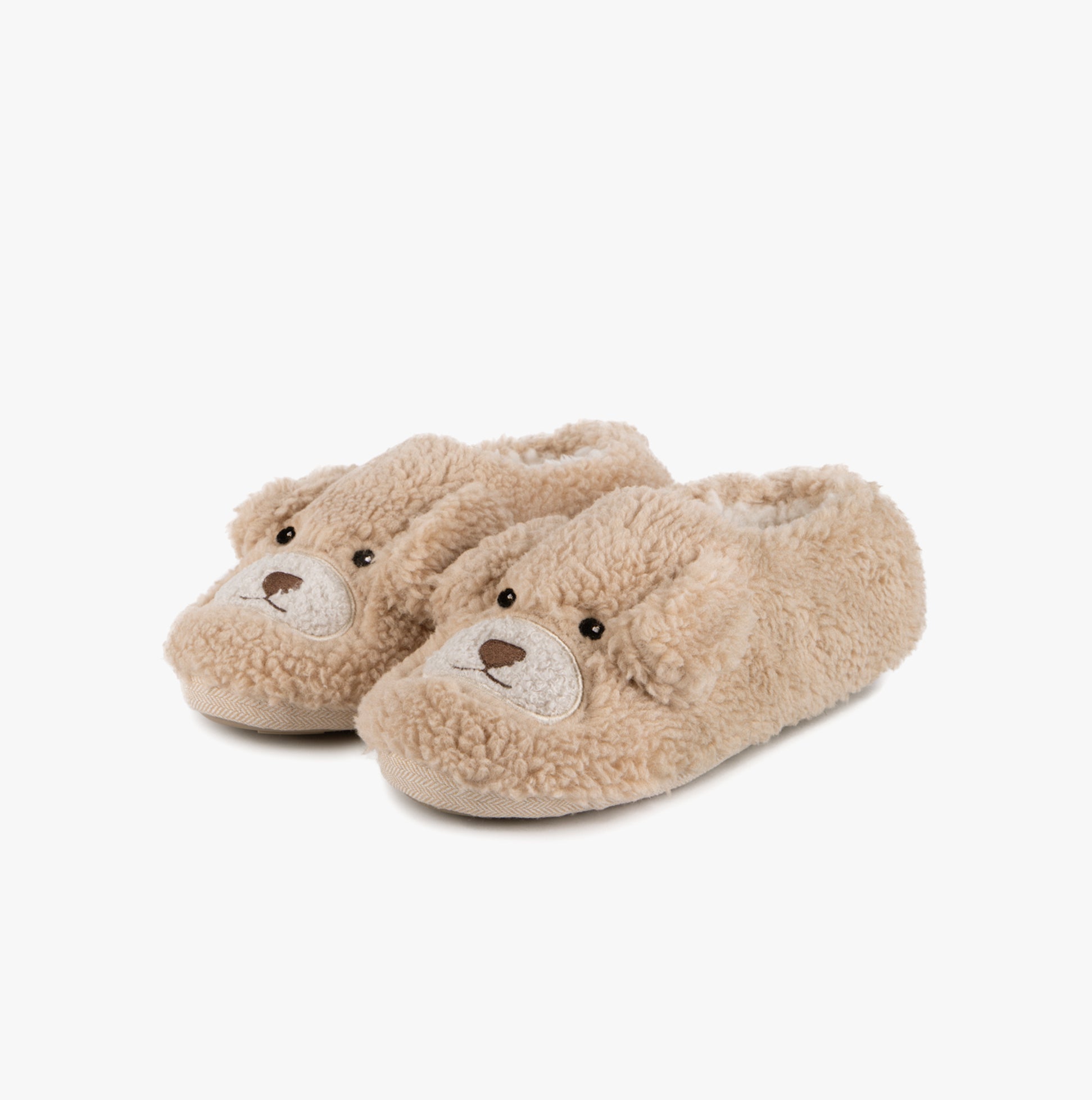 Totes Toasties NOVELTY BORG Slippers Womens Dog side view showing soft beige slippers with dog face design