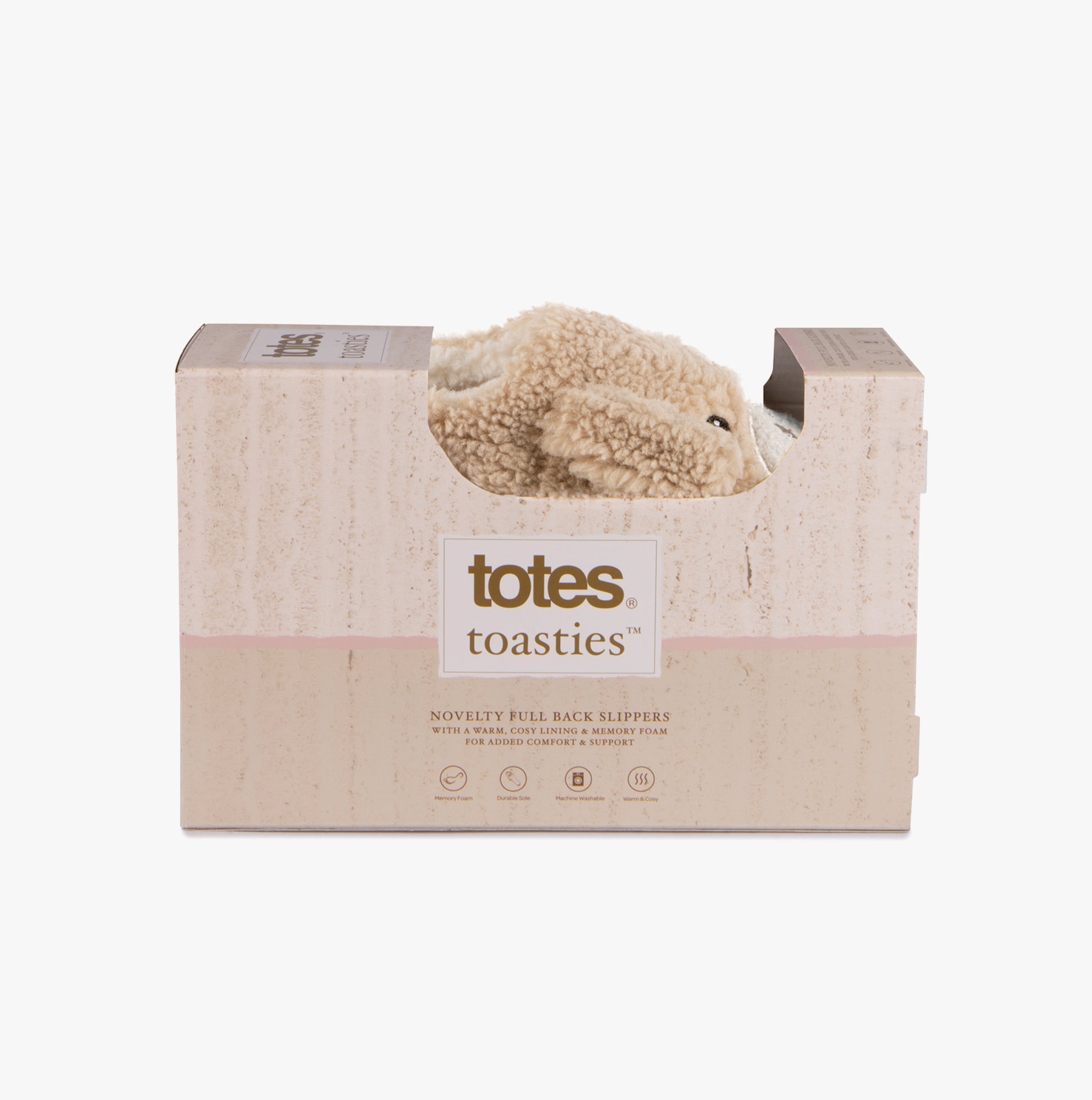 Totes Toasties NOVELTY BORG Slippers Womens Dog in gift box, side view, showcasing plush material and packaging design.