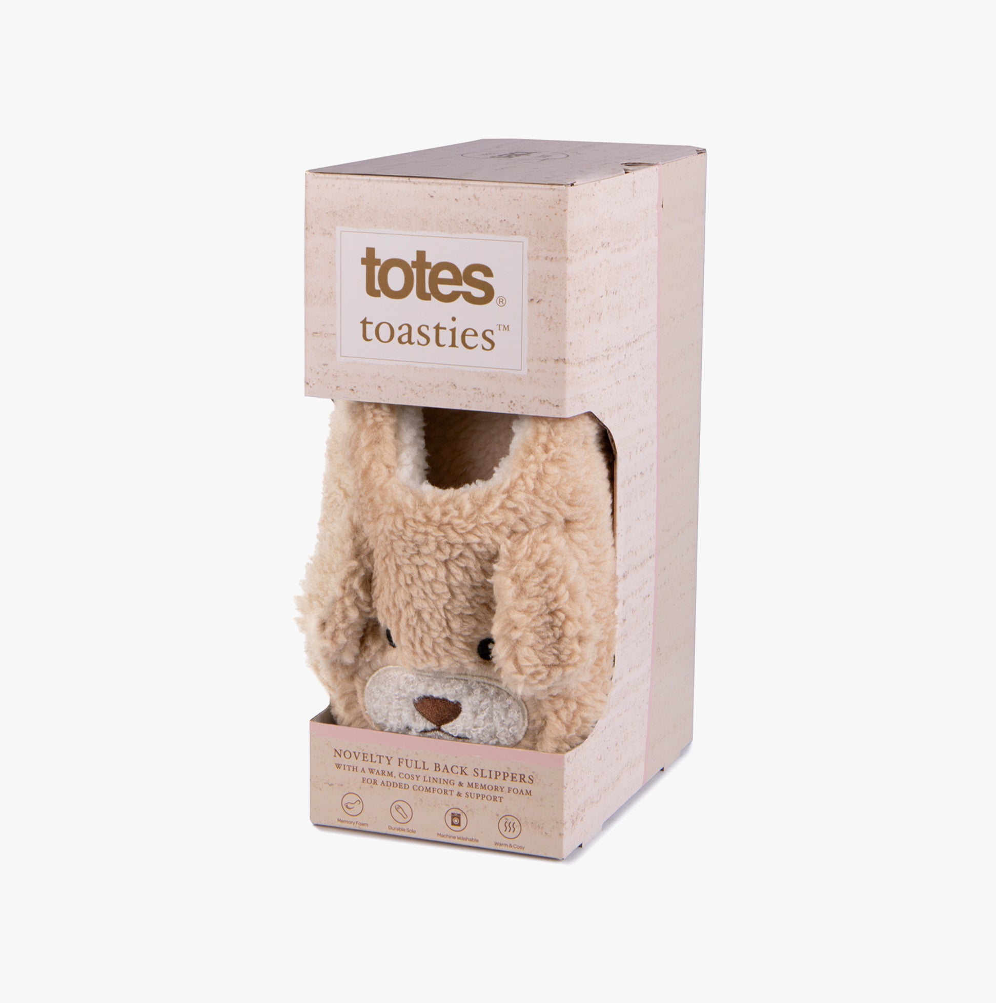 Totes Toasties NOVELTY BORG Slippers Womens Dog in gift box side view with plush design and animal features.