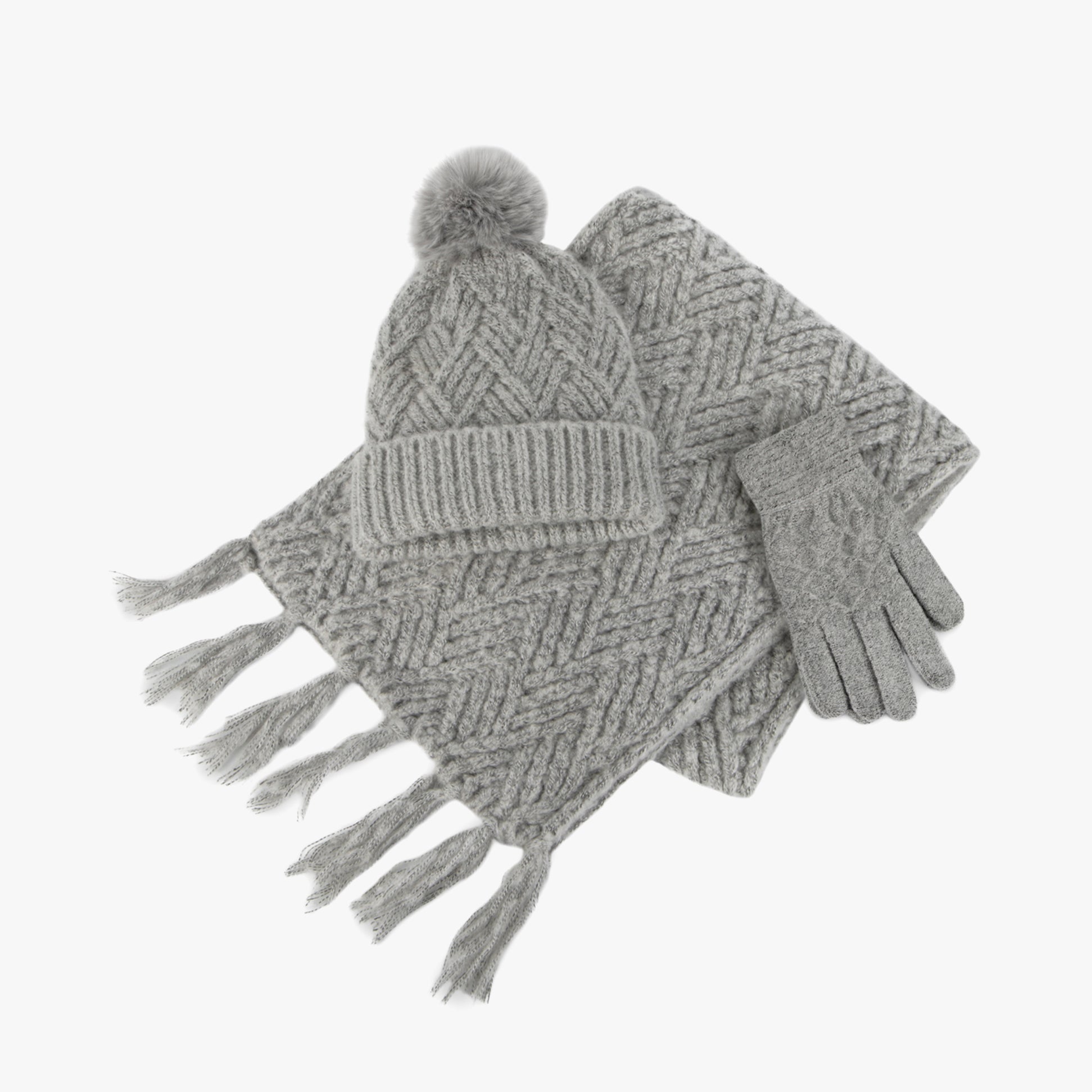 Totes Toasties KNITTED HAT SCARF & MITTEN GIFT SET Womens Grey, front view showing textured knit hat, scarf, and gloves.