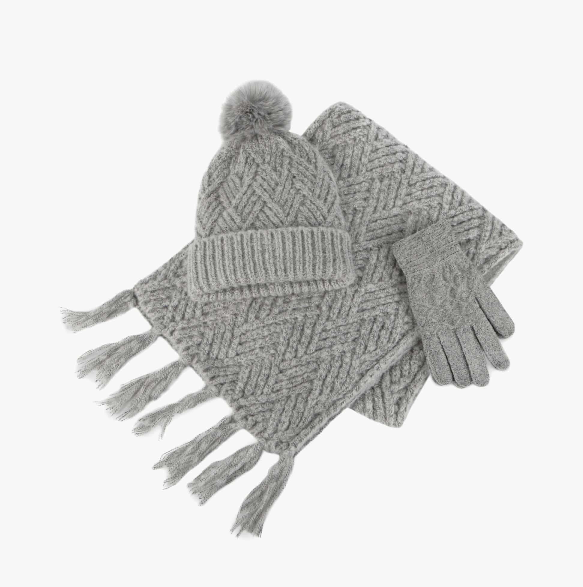 Totes Toasties KNITTED HAT SCARF & MITTEN GIFT SET Womens Grey, front view showing textured knit hat, scarf, and gloves.