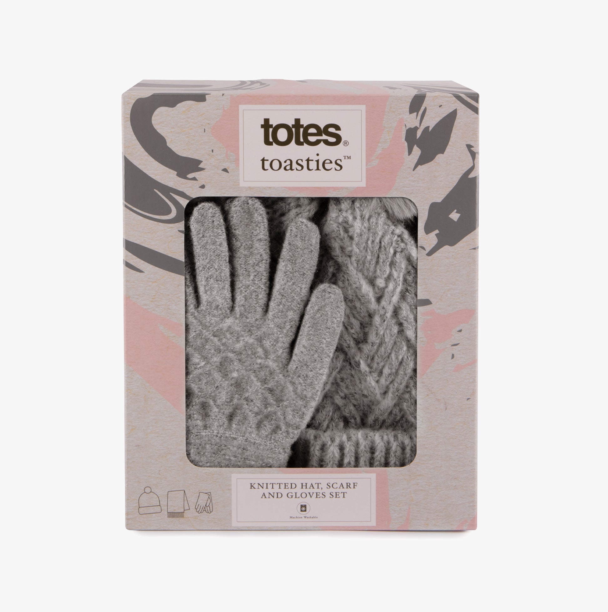 Totes Toasties KNITTED HAT SCARF & MITTEN GIFT SET Womens Grey in gift box, showcasing mittens and scarf.