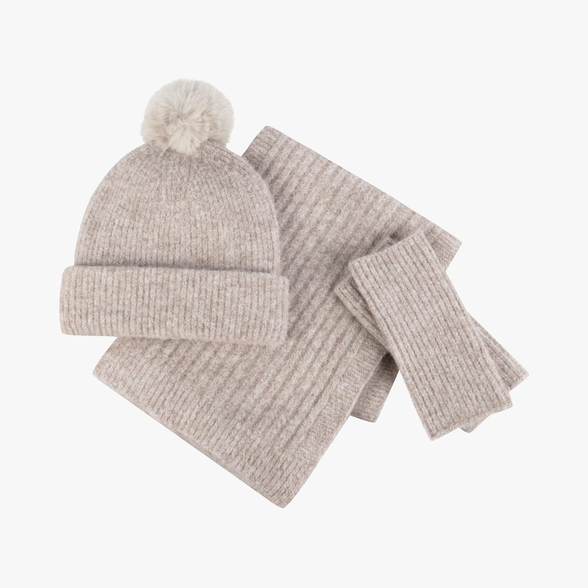 Totes Toasties KNITTED HAT SCARF & ARM WARMER GIFT SET Womens Oat top view showcasing hat, scarf, and arm warmers.
