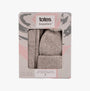 Totes Toasties KNITTED HAT SCARF & ARM WARMER GIFT SET Womens Oat, front view of packaged set in a gift box.