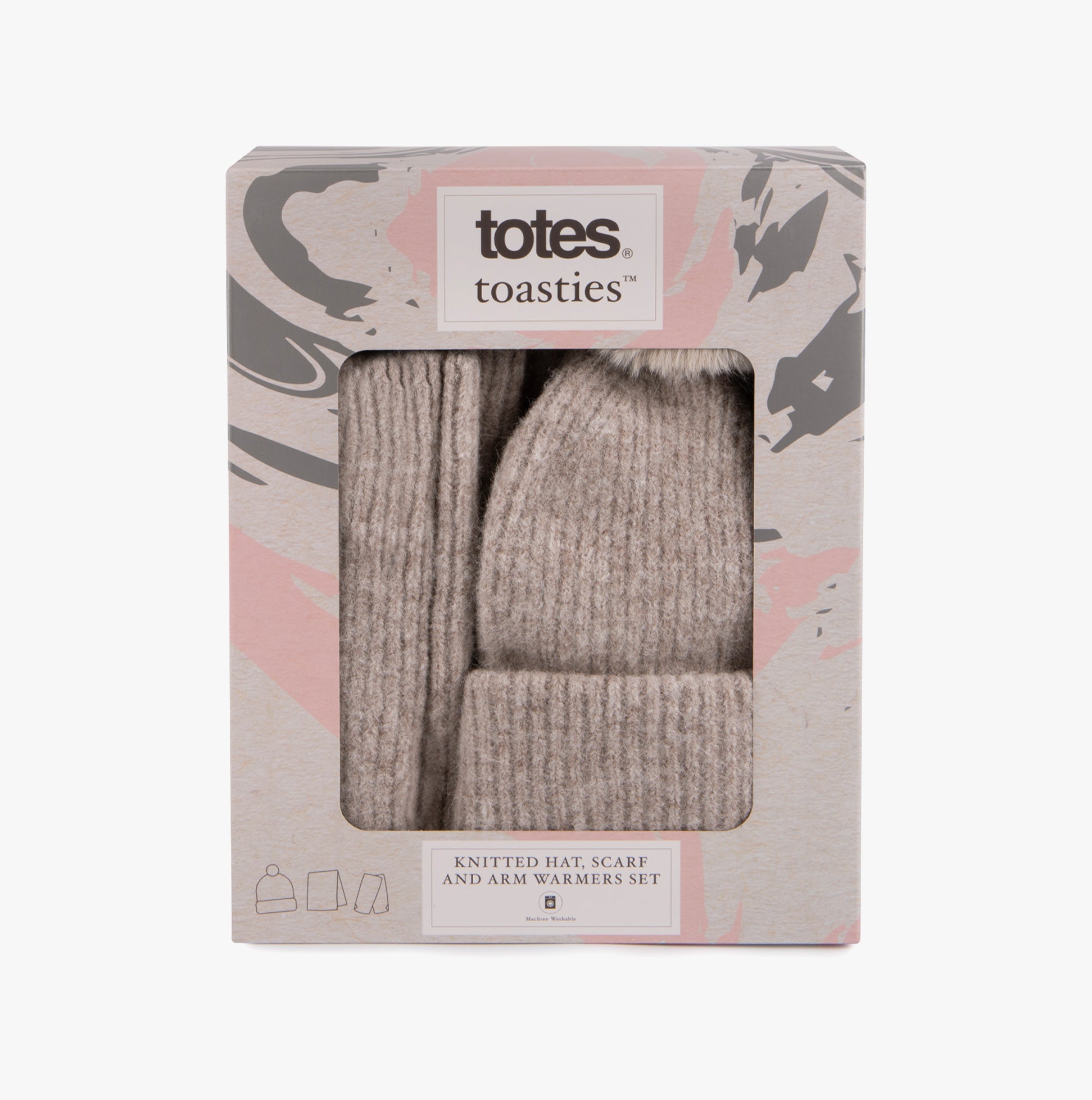 Totes Toasties KNITTED HAT SCARF & ARM WARMER GIFT SET Womens Oat, front view of packaged set in a gift box.