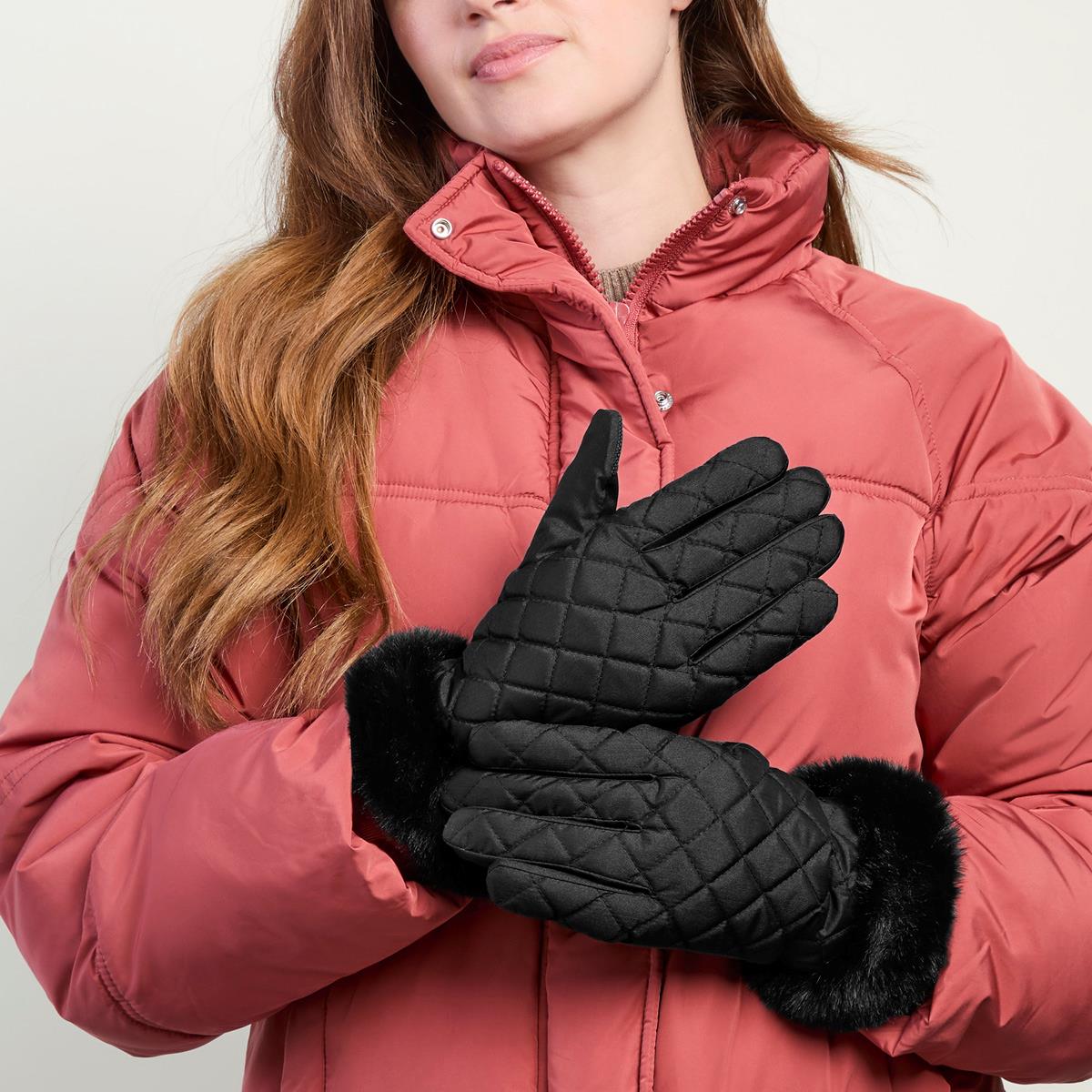 Totes Isotoner SMARTOUCH™ WATER REPELLENT PADDED GLOVES WITH FUR CUFF Womens Touchscreen Gloves Black