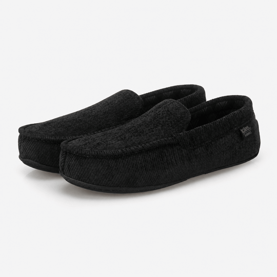 Totes Isotoner SOFT CORD Mens Check Lined Moccasin Slippers Black