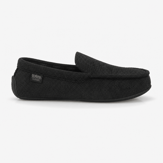 Totes Isotoner SOFT CORD Mens Check Lined Moccasin Slippers Black