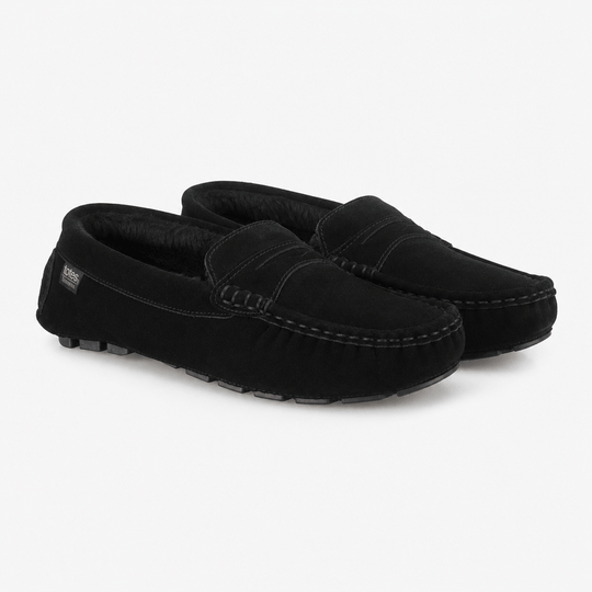 Totes Isotoner SUEDE Mens Faux Fur Lined Moccasin Slippers Black