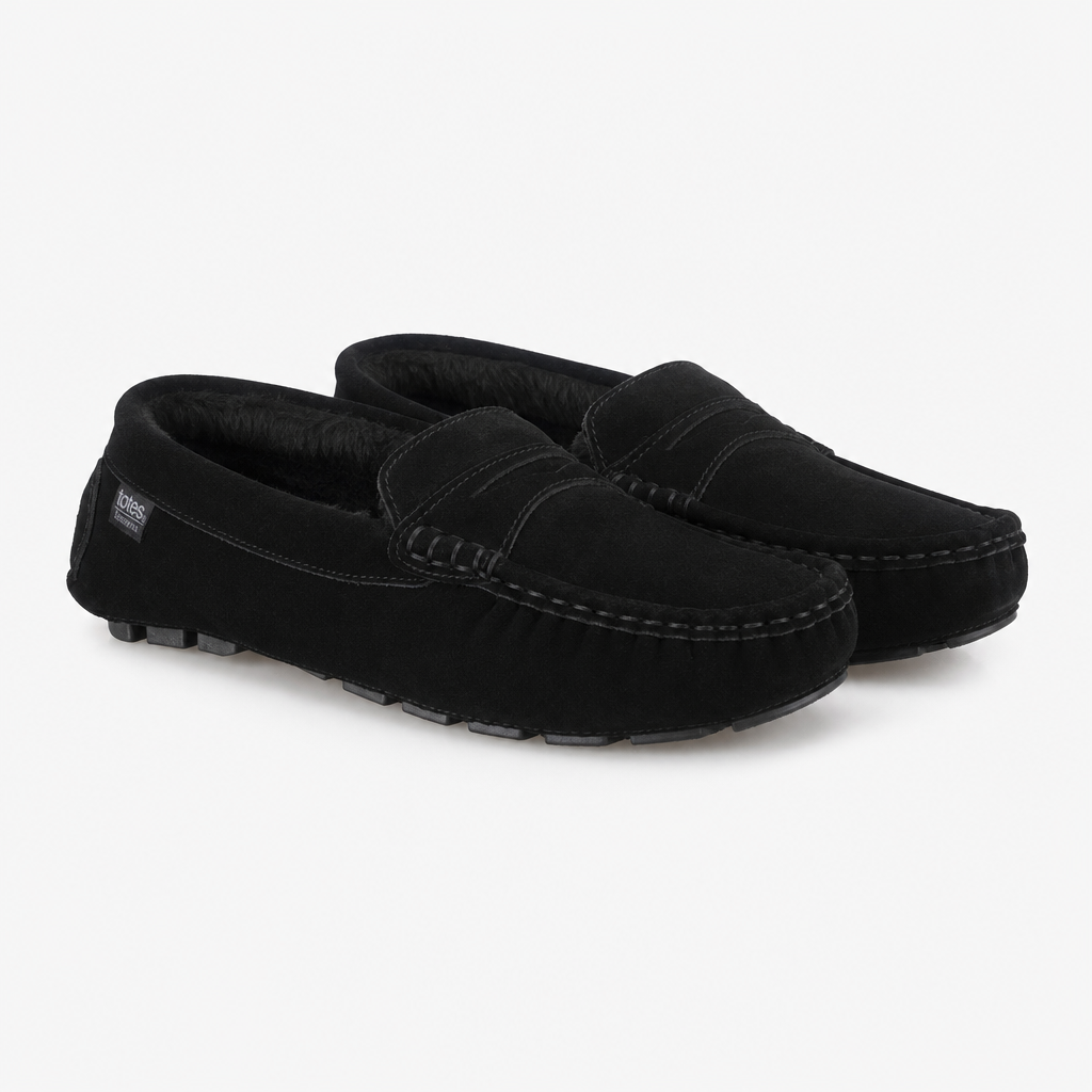 Totes Isotoner FUR LINED SUEDE MOCCASIN SLIPPER Mens Moccasins Black