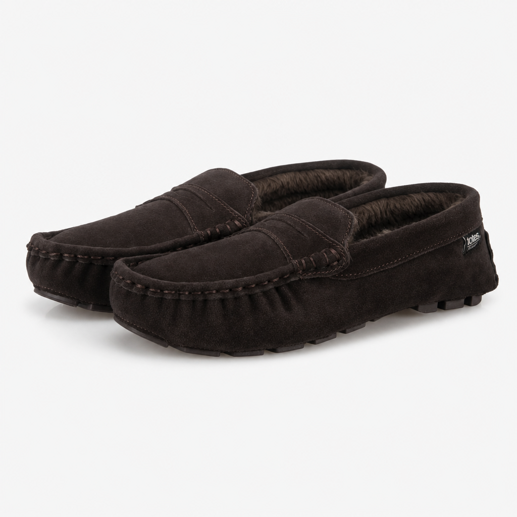 Totes Isotoner FUR LINED SUEDE MOCCASIN SLIPPER Mens Moccasins Brown