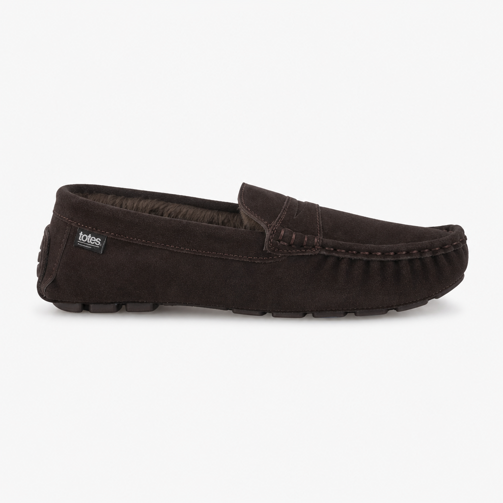 Totes Isotoner FUR LINED SUEDE MOCCASIN SLIPPER Mens Moccasins Brown