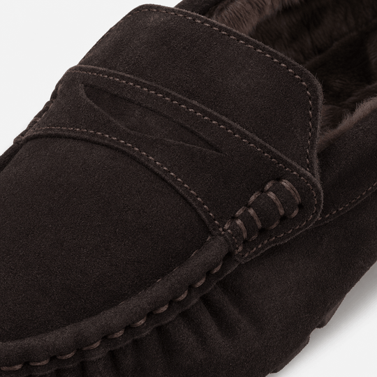 Totes Isotoner SUEDE Mens Faux Fur Lined Moccasin Slippers Brown