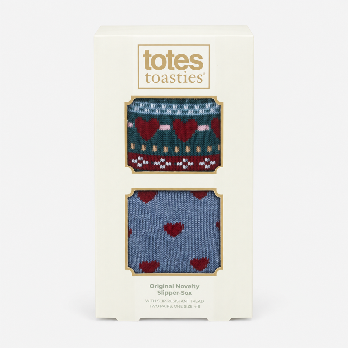 Totes Toasties ORIGINAL SLIPPER SOCKS (TWIN PACK) Womens Slipper Socks Heart Fairisle