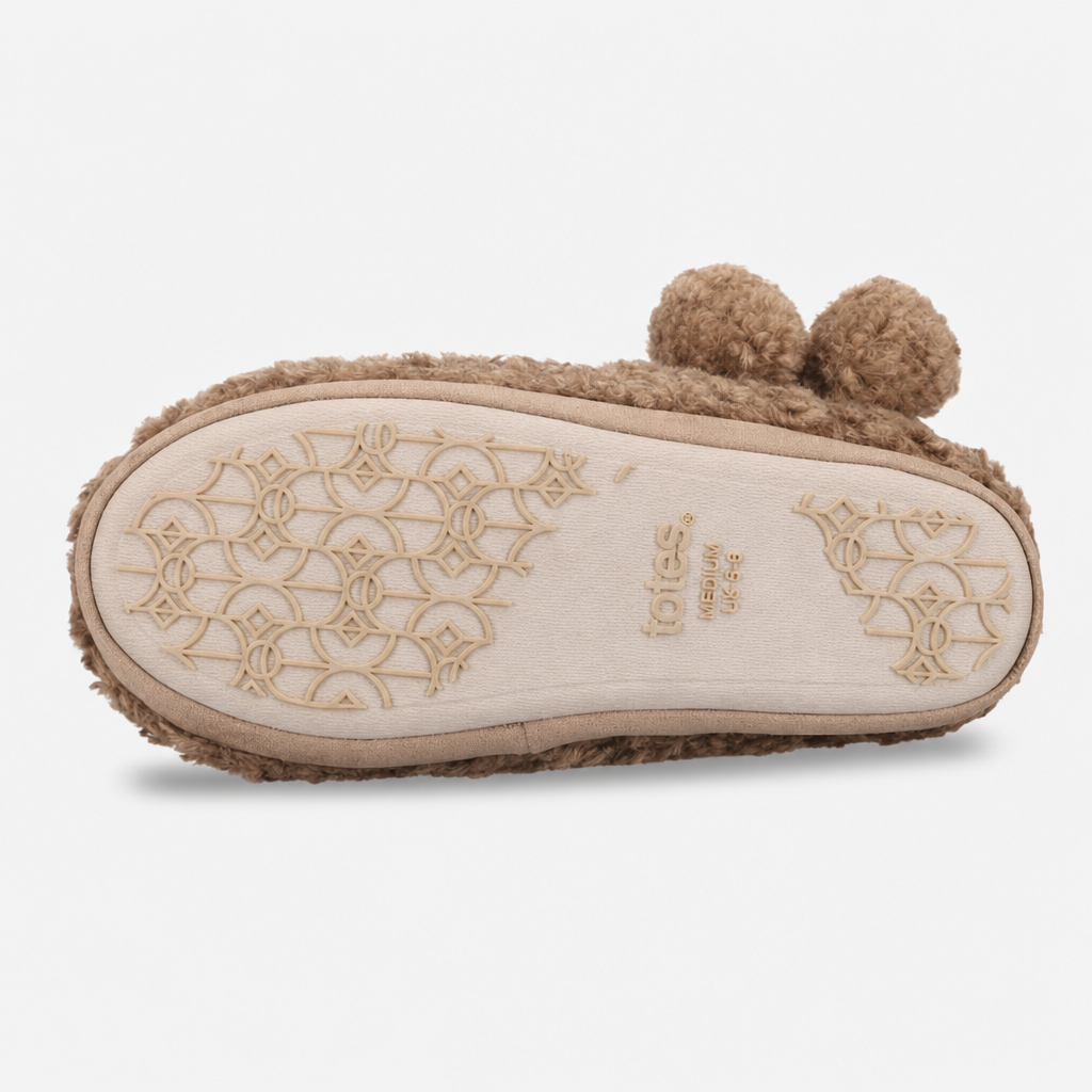 Totes Toasties TEXTURED FUR BOOTIE WITH POM POM Womens Slipper Boots Brown