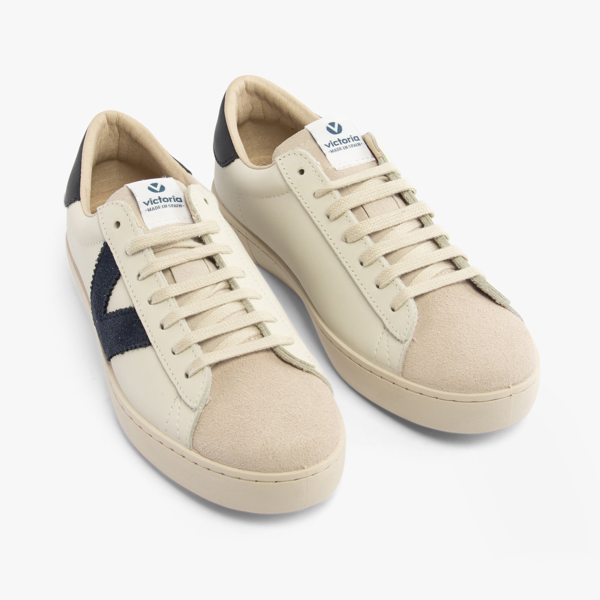 Victoria BERLIN LEATHER & SPLIT Womens Trainers Marino front view showing lace-up design and round toe.