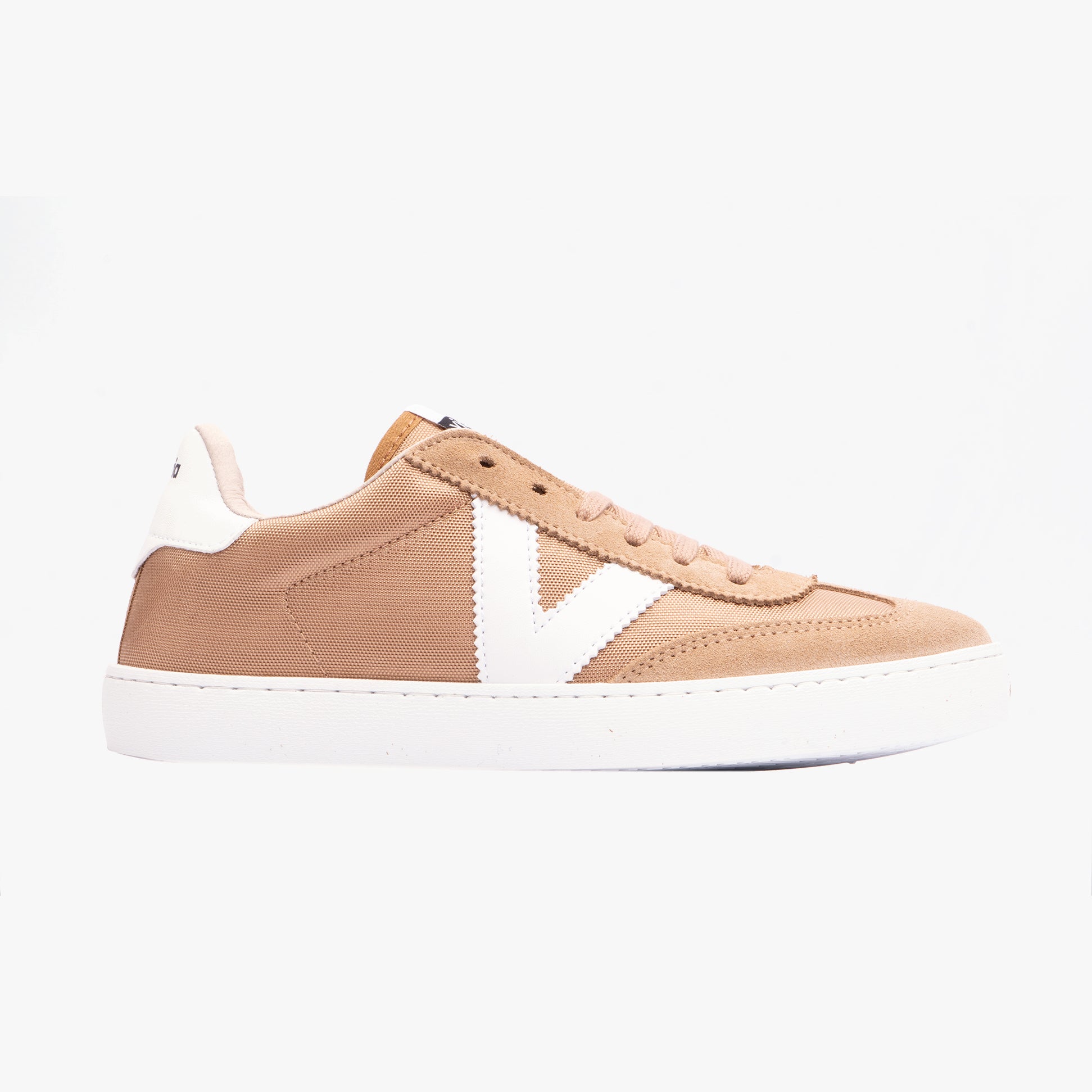 Victoria BERLIN SPLIT LEATHER & NYLON Womens Trainers Taupe side view showcasing leather and nylon materials.