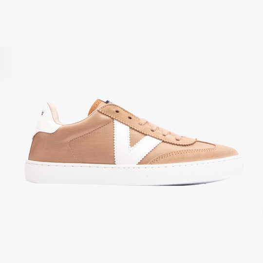 Victoria BERLIN SPLIT LEATHER & NYLON Womens Trainers Taupe side view showcasing leather and nylon materials.