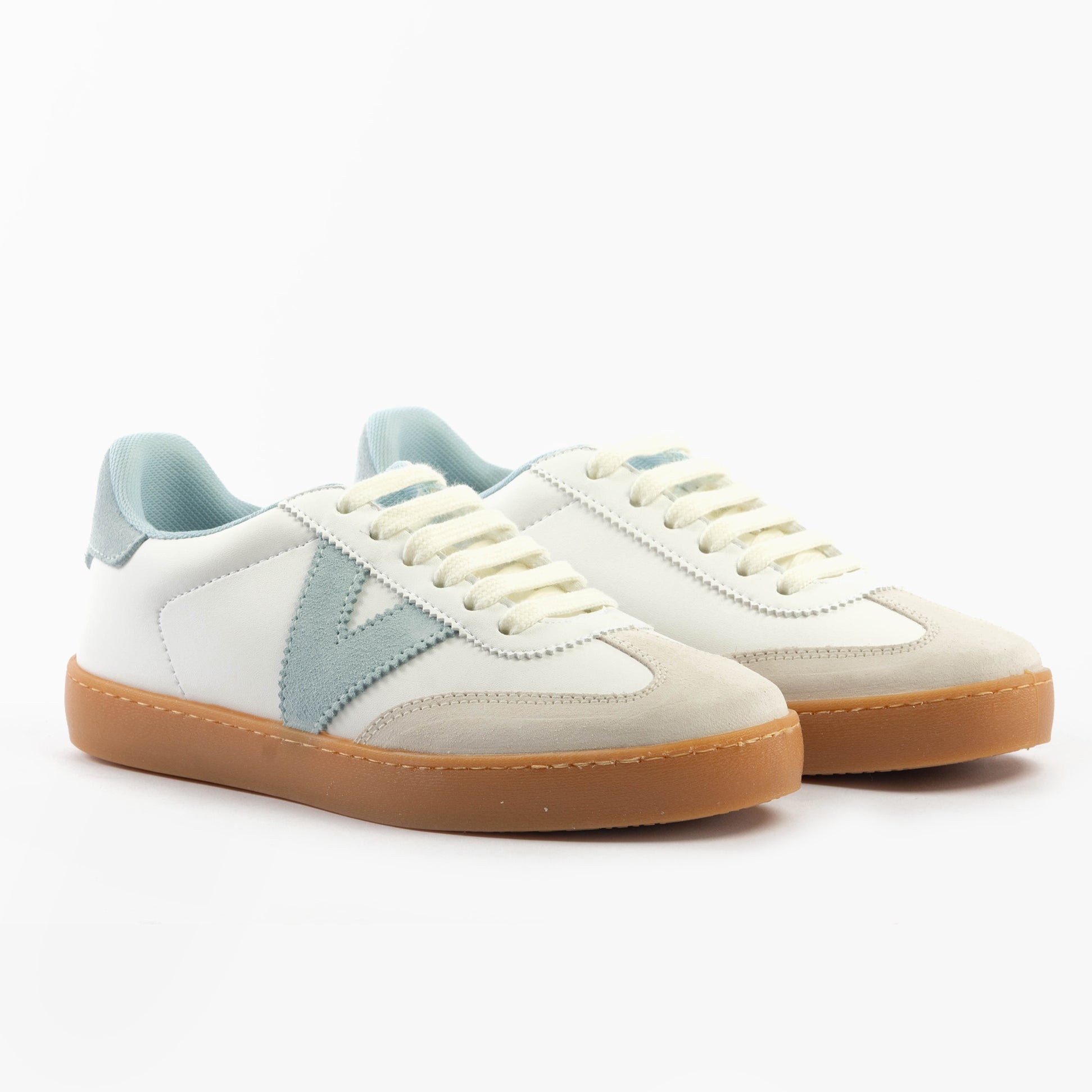 Victoria BERLIN Womens Trainers Celeste side view with white leather upper and light blue accent