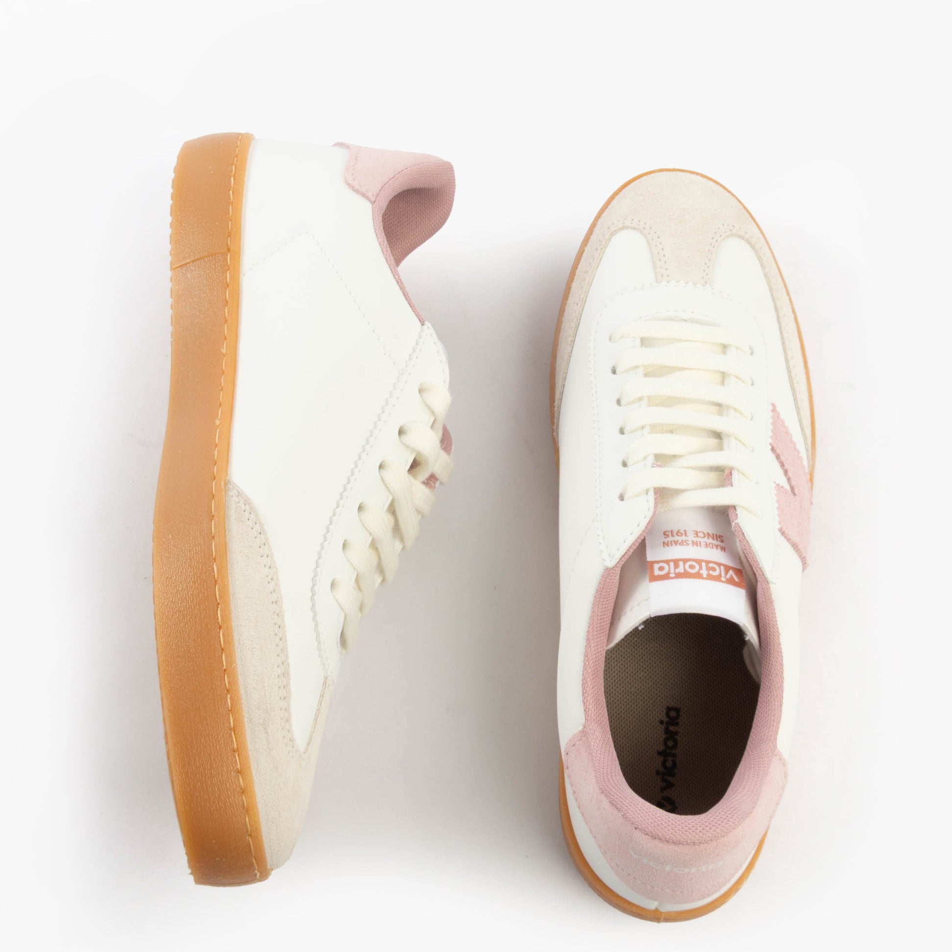 Victoria BERLIN Womens Trainers Rosa top view showing design in cream and pink with lace-up closure.