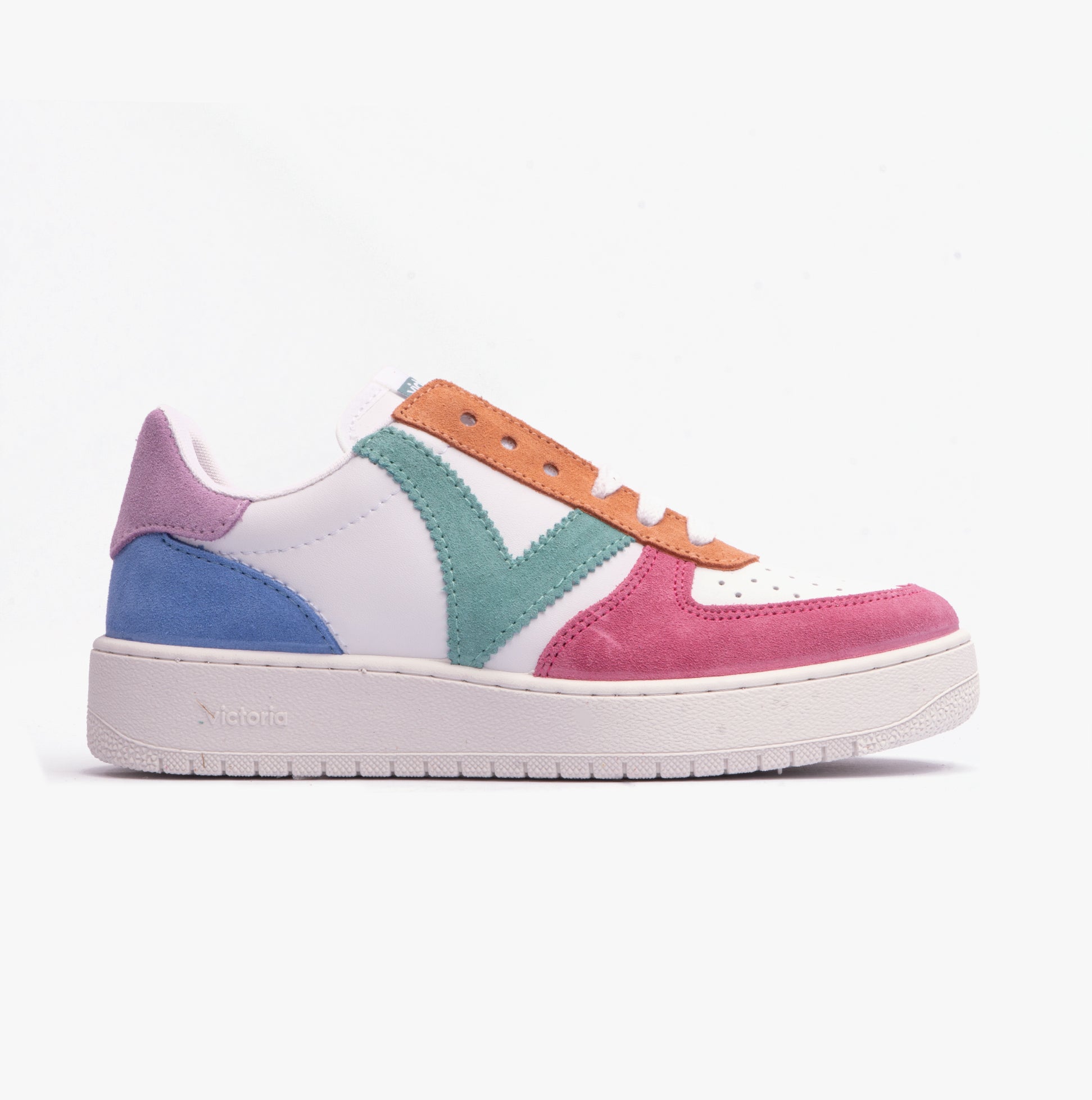 Victoria MADRID MULTICOLOUR Womens Trainers Rosa side view with pink, green, and blue accents on white leather.