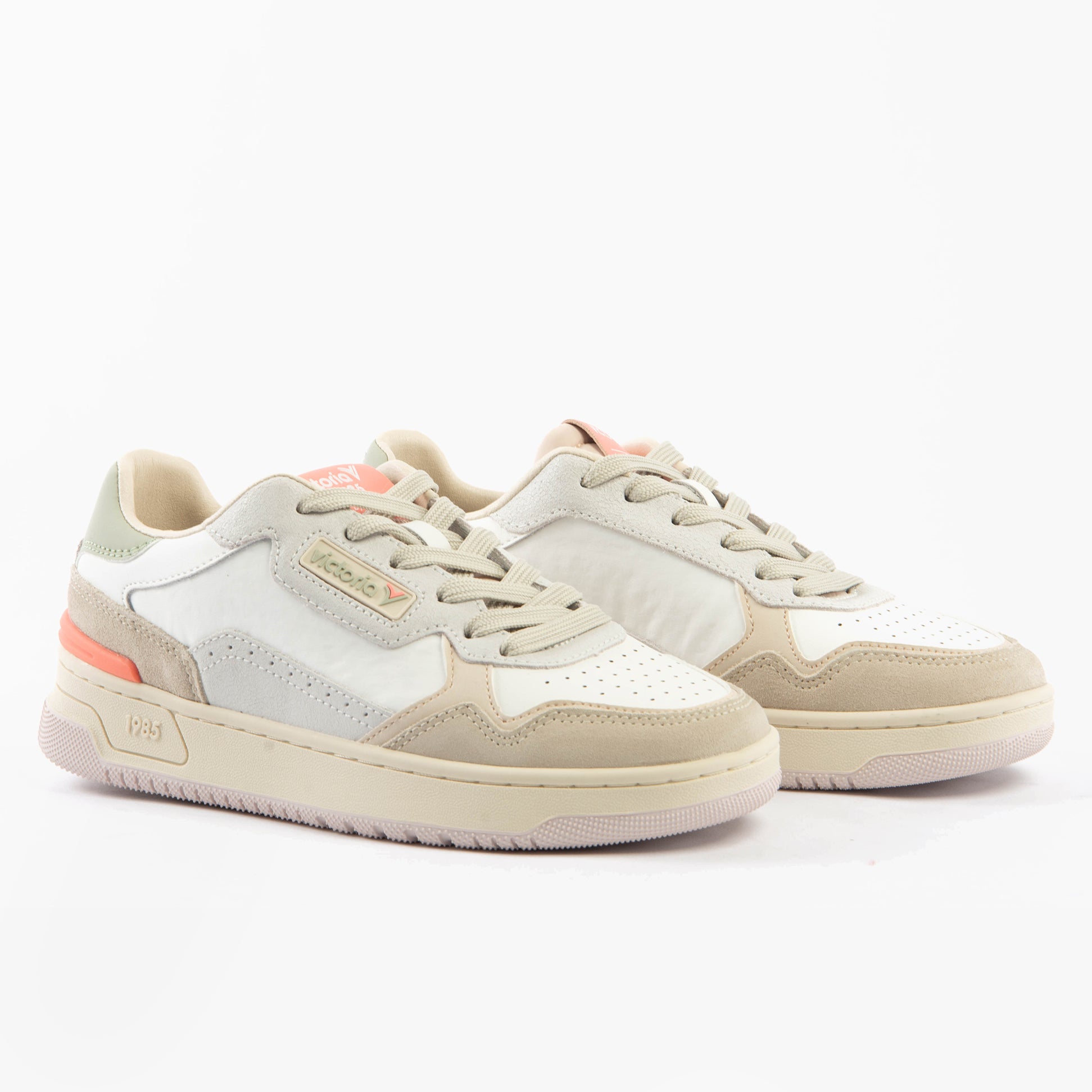 Victoria C80 Womens Trainers Beige side view showing leather and suede materials, lace-up design, low top height.