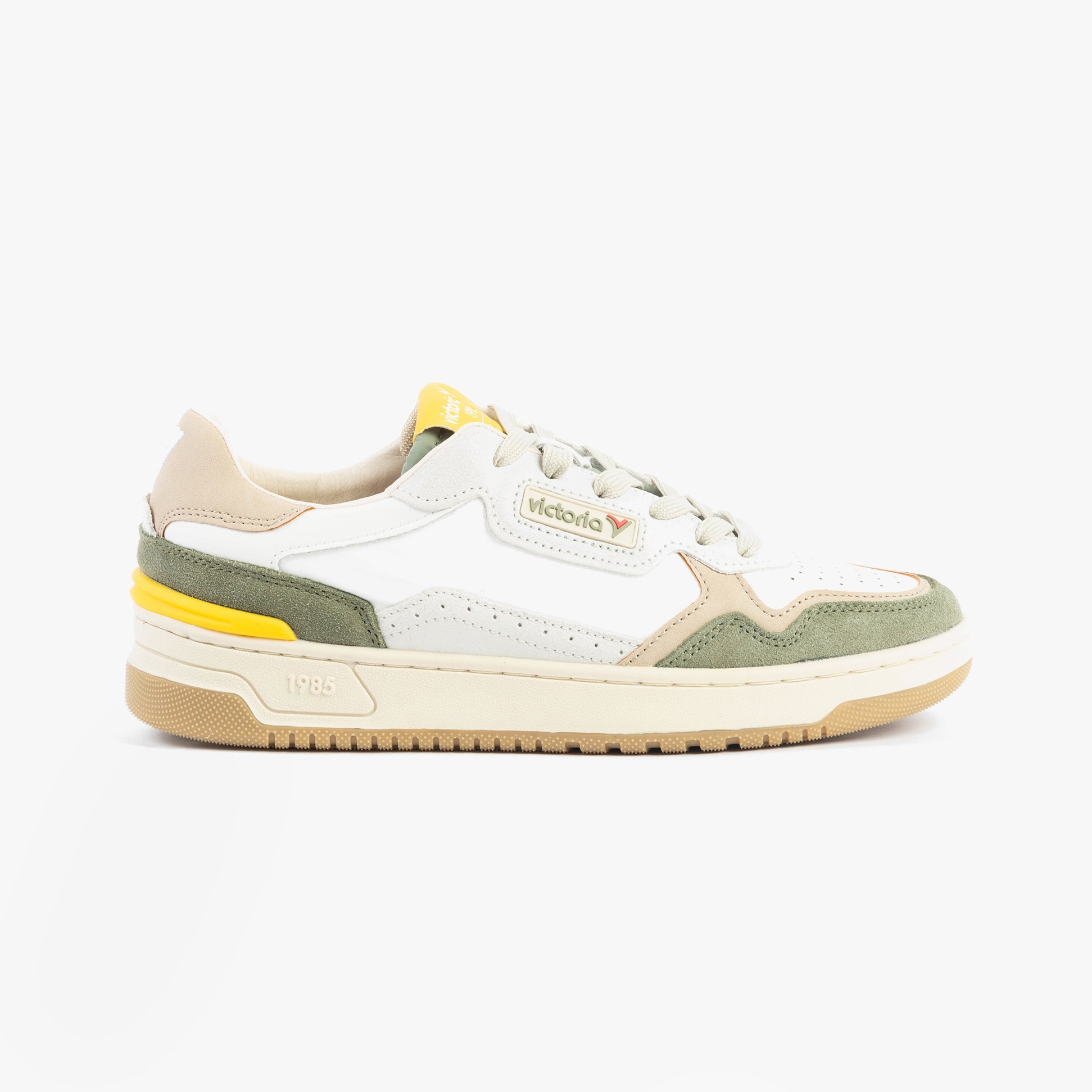 Victoria C80 Womens Trainers Kaki side view showcasing leather and suede design with lace-up closure and rubber sole.