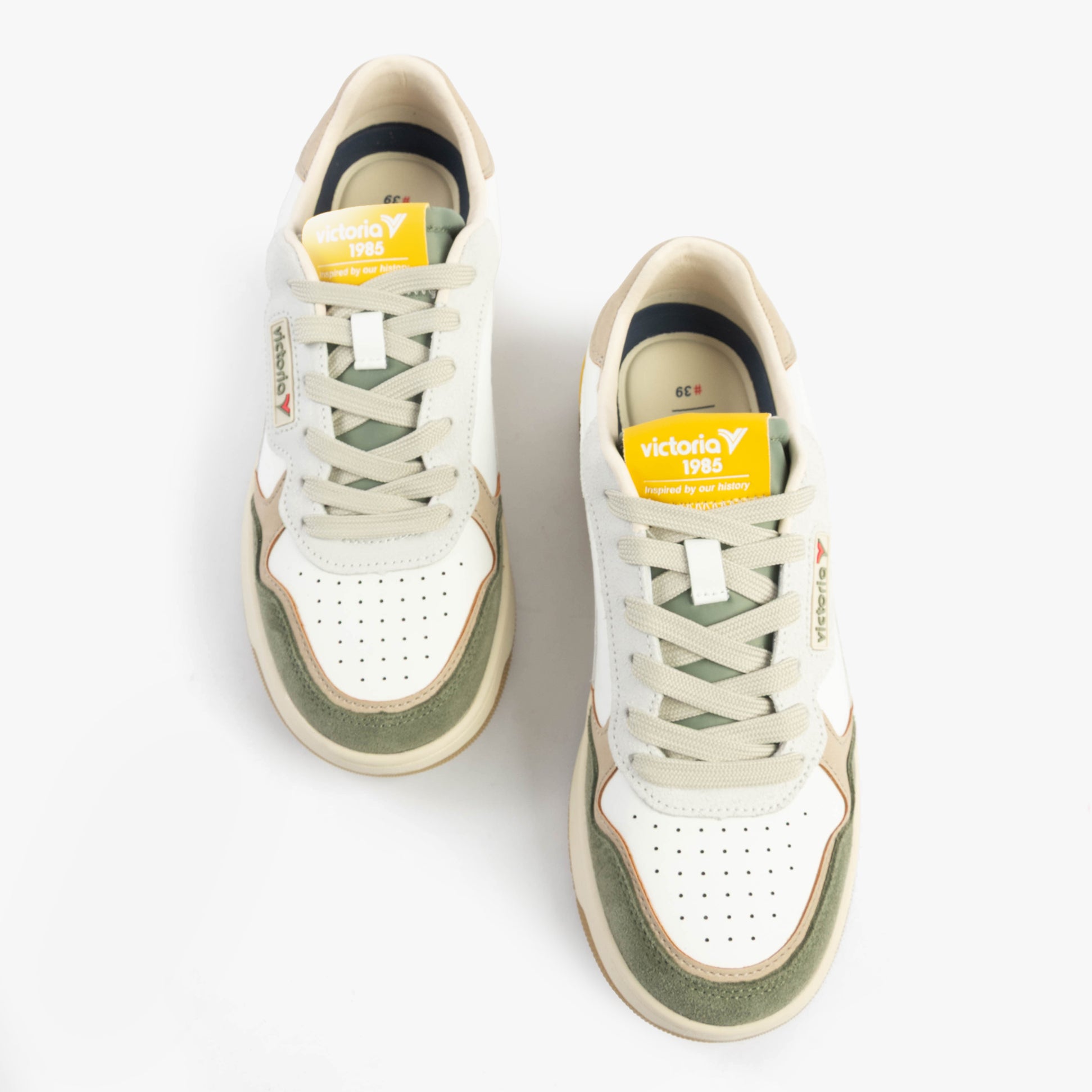 Victoria C80 Womens Trainers Kaki top view showcasing lace-up design, leather and suede materials with green accents.