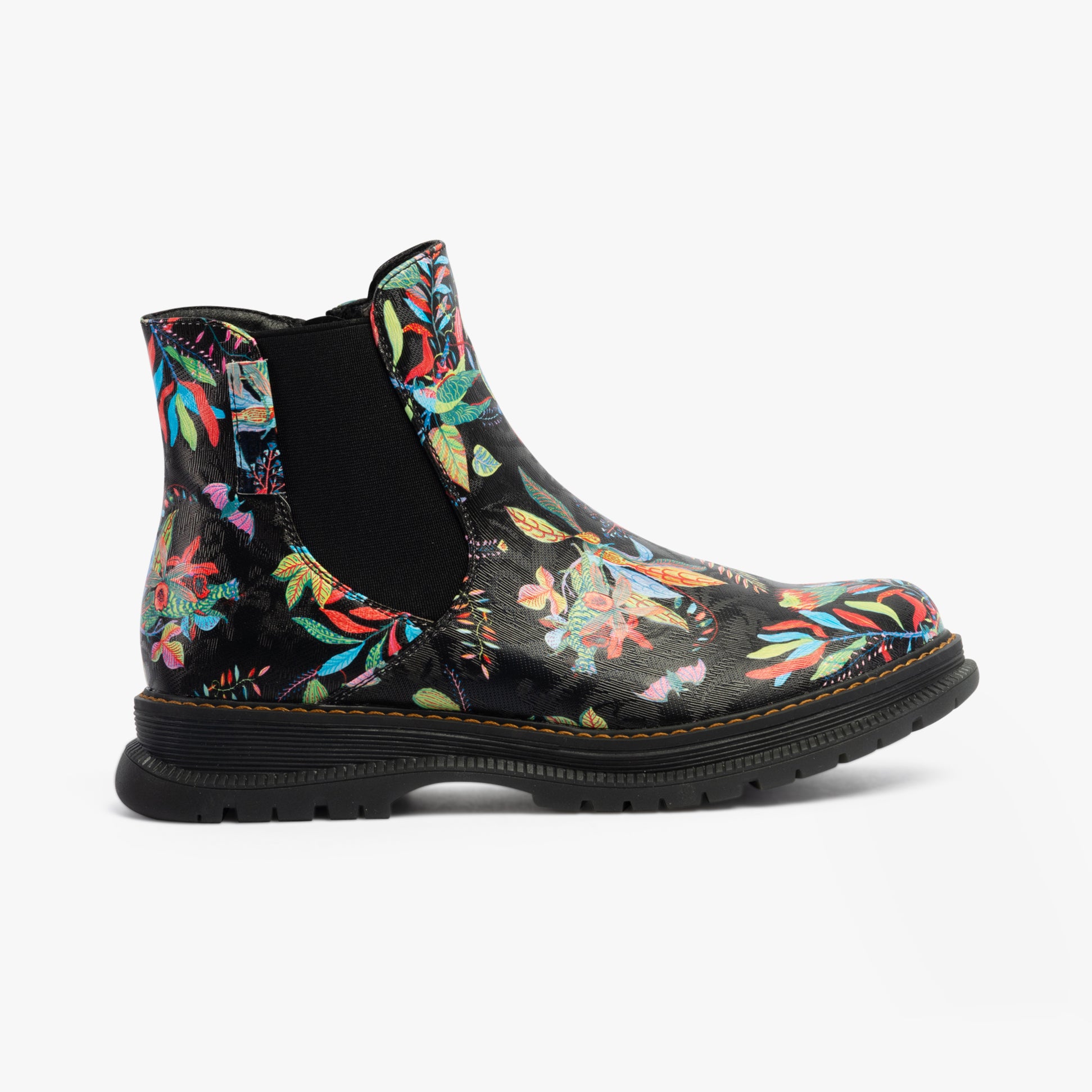 Westland PEYTON 02 Womens Boots Black Print side view featuring vibrant floral design and elasticated side panel