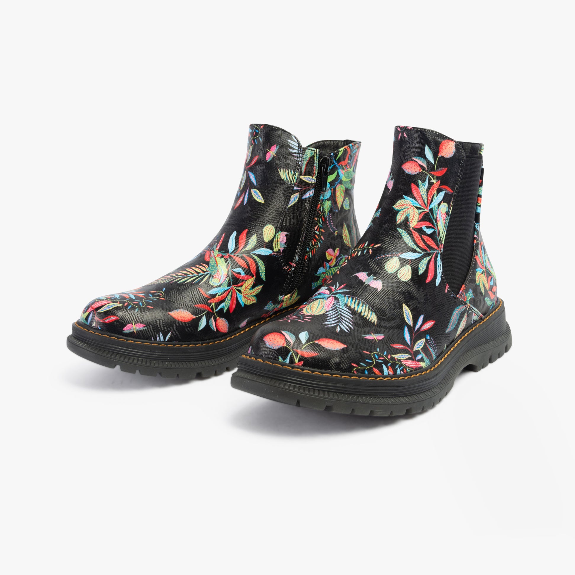 Westland PEYTON 02 Womens Boots Black Print side view, floral design, ankle boots with elasticated side panel