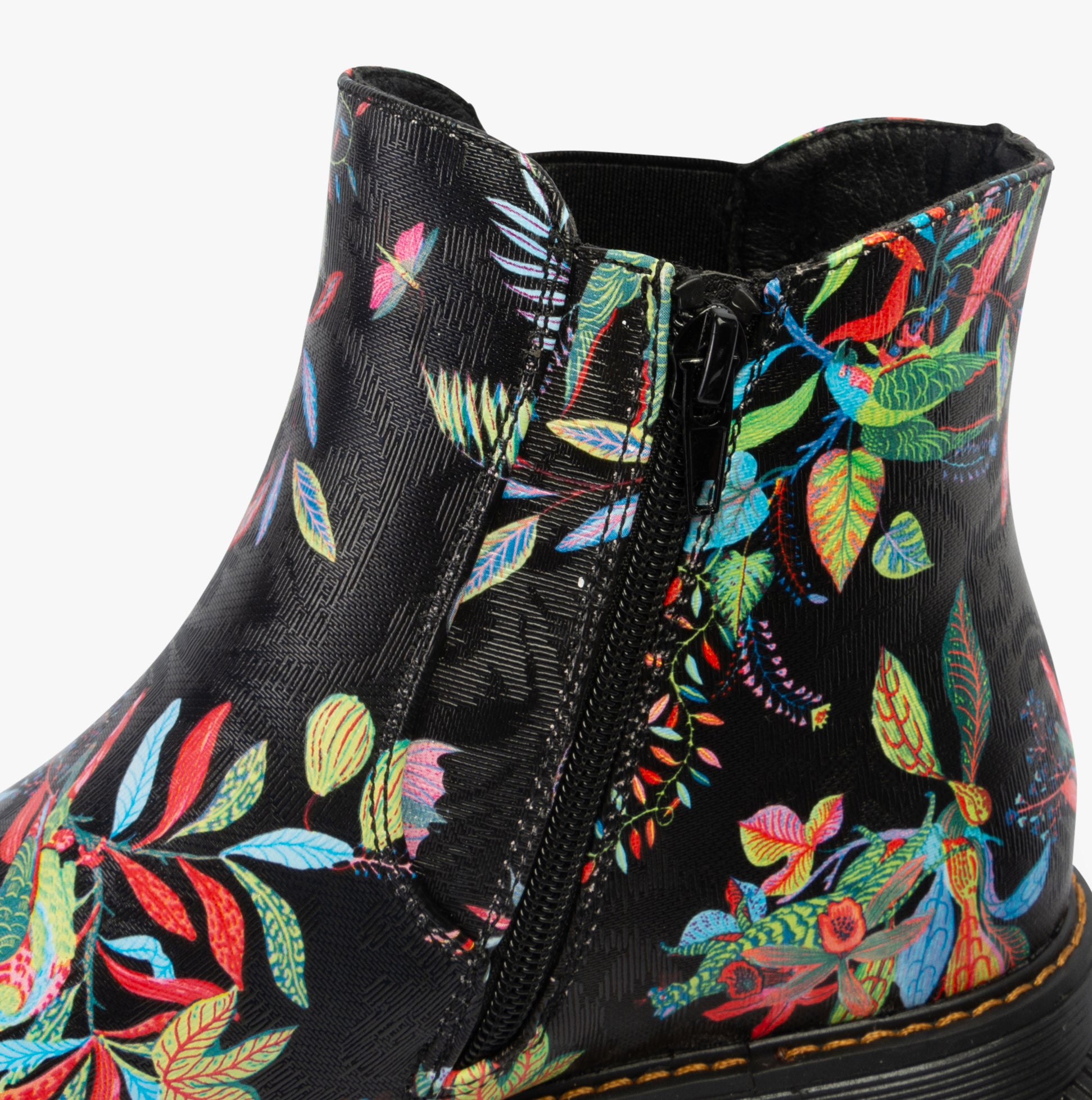 Westland PEYTON 02 Womens Boots Black Print side view featuring colorful floral design and zip detail.