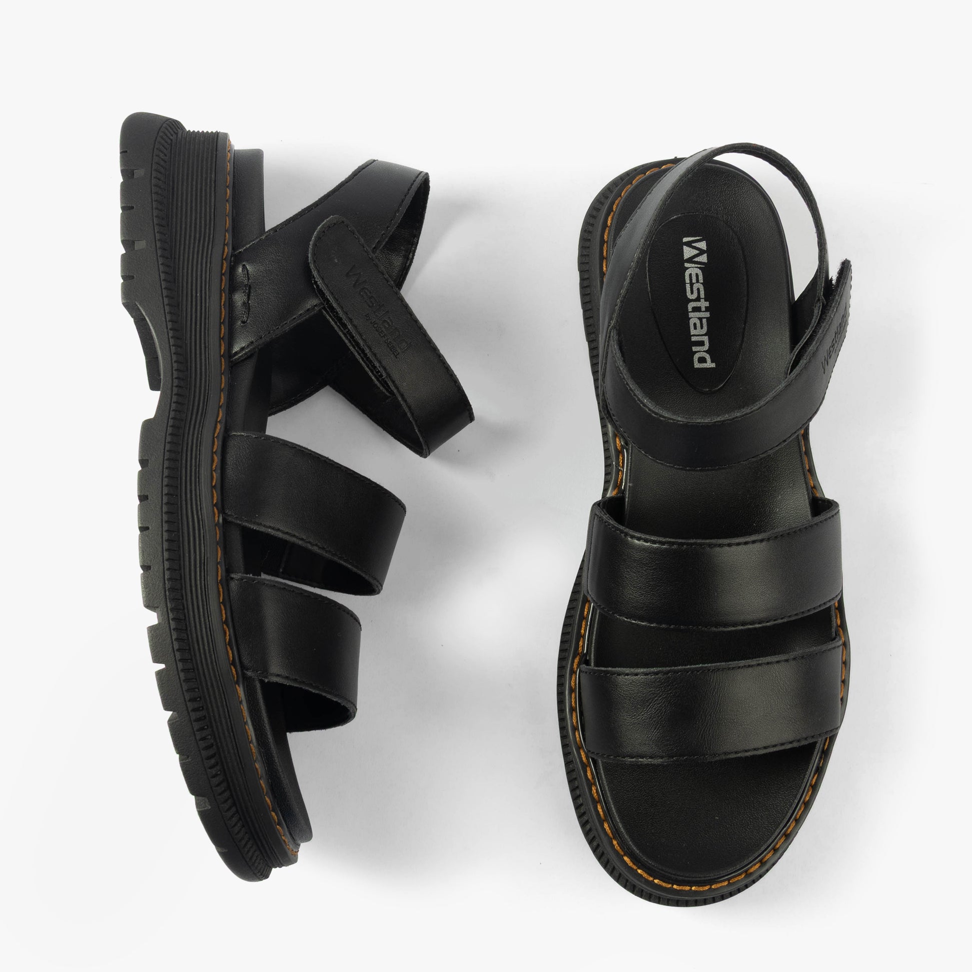 Westland PEYTON 08 Womens Sandals Black top view showcasing faux leather, synthetic sole and touch fasten.