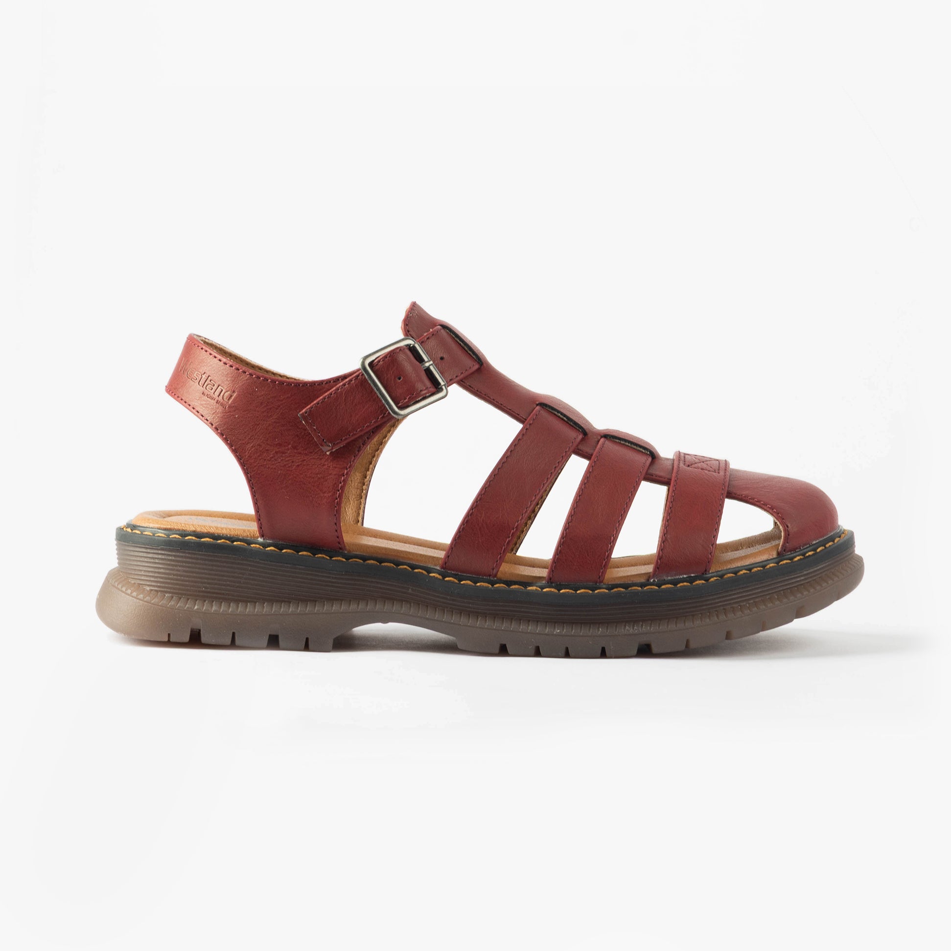 Westland PEYTON 09 Womens Sandals Red side view showcasing faux leather upper and buckle closure.